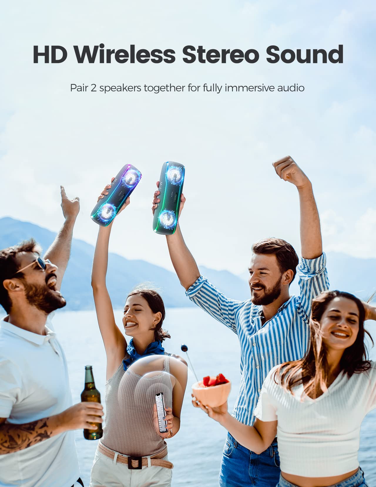 Portable Bluetooth Speaker, IPX7 Waterproof Wireless Speaker with Colorful Flashing Lights, 25W Super Bass 24H Playtime, 100ft Range, TWS Pairing for Outdoor, Home, Party, Beach, Travel