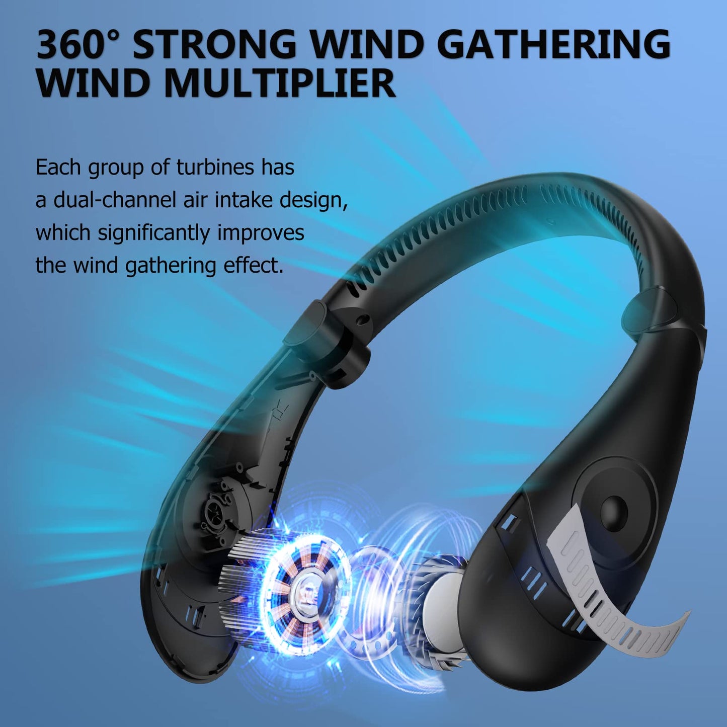 Portable Neck Fan, 360° Cooling Personal Fan, Hands Free Bladeless Fan, Battery Operated, USB Rechargeable, 3 Speeds Wearable Quiet Fan for Outdoor Indoor, Black
