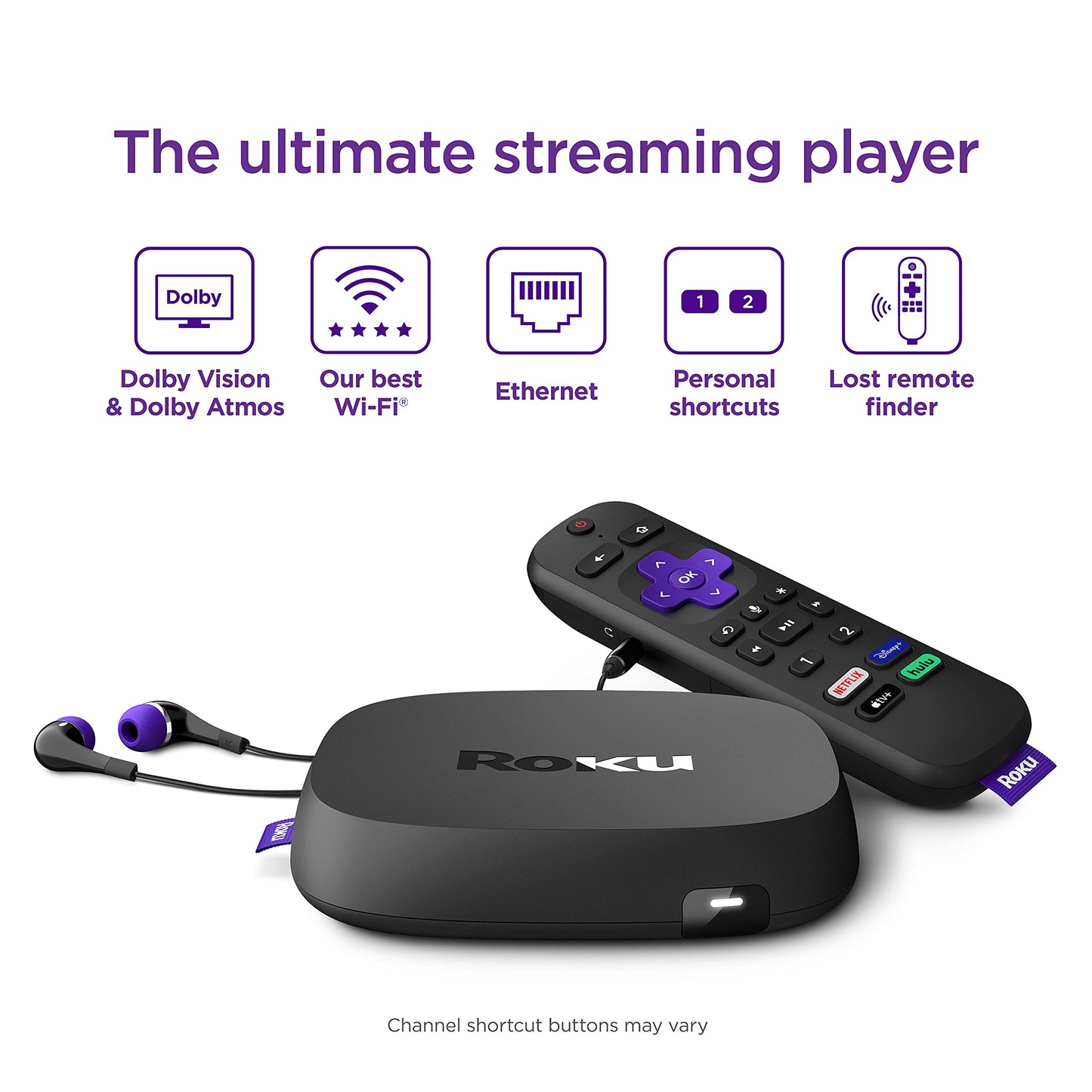 Roku Ultra 2020 | Streaming Media Player HD/4K/HDR, Bluetooth Streaming, andRoku Voice Remote with Headphone Jack and Personal Shortcuts, includes Premium HDMI Cable (Refurbished)