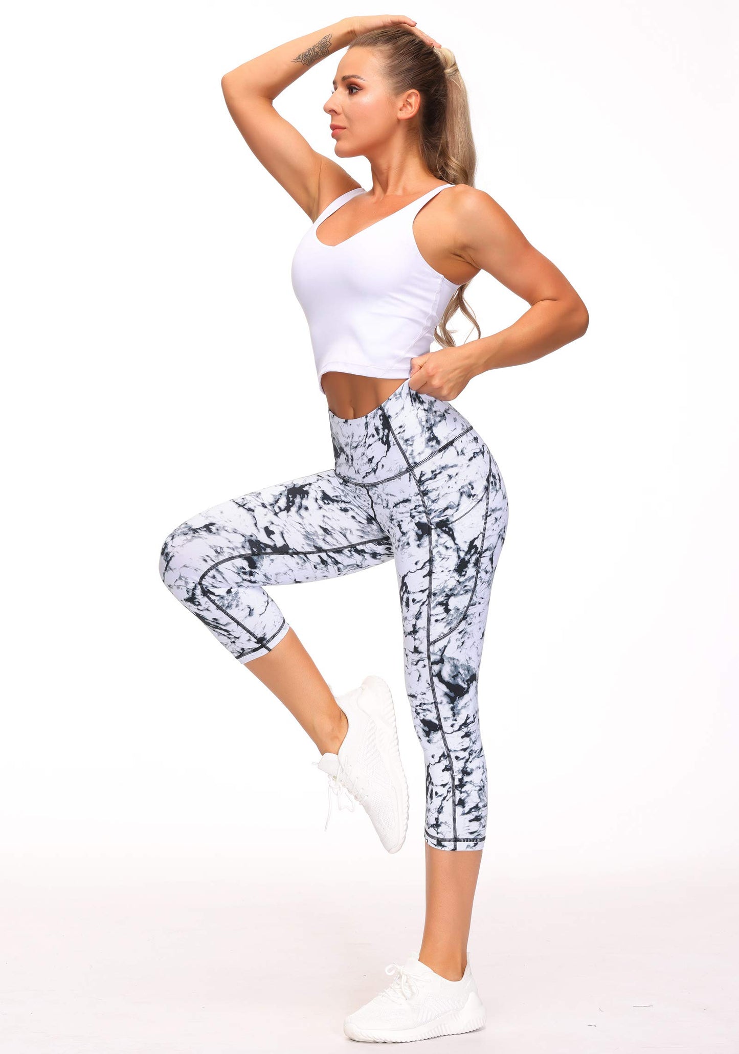 THE GYM PEOPLE Thick High Waist Yoga Pants with Pockets, Tummy Control Workout Running Yoga Leggings for Women (Small, Z- Capris Marble)