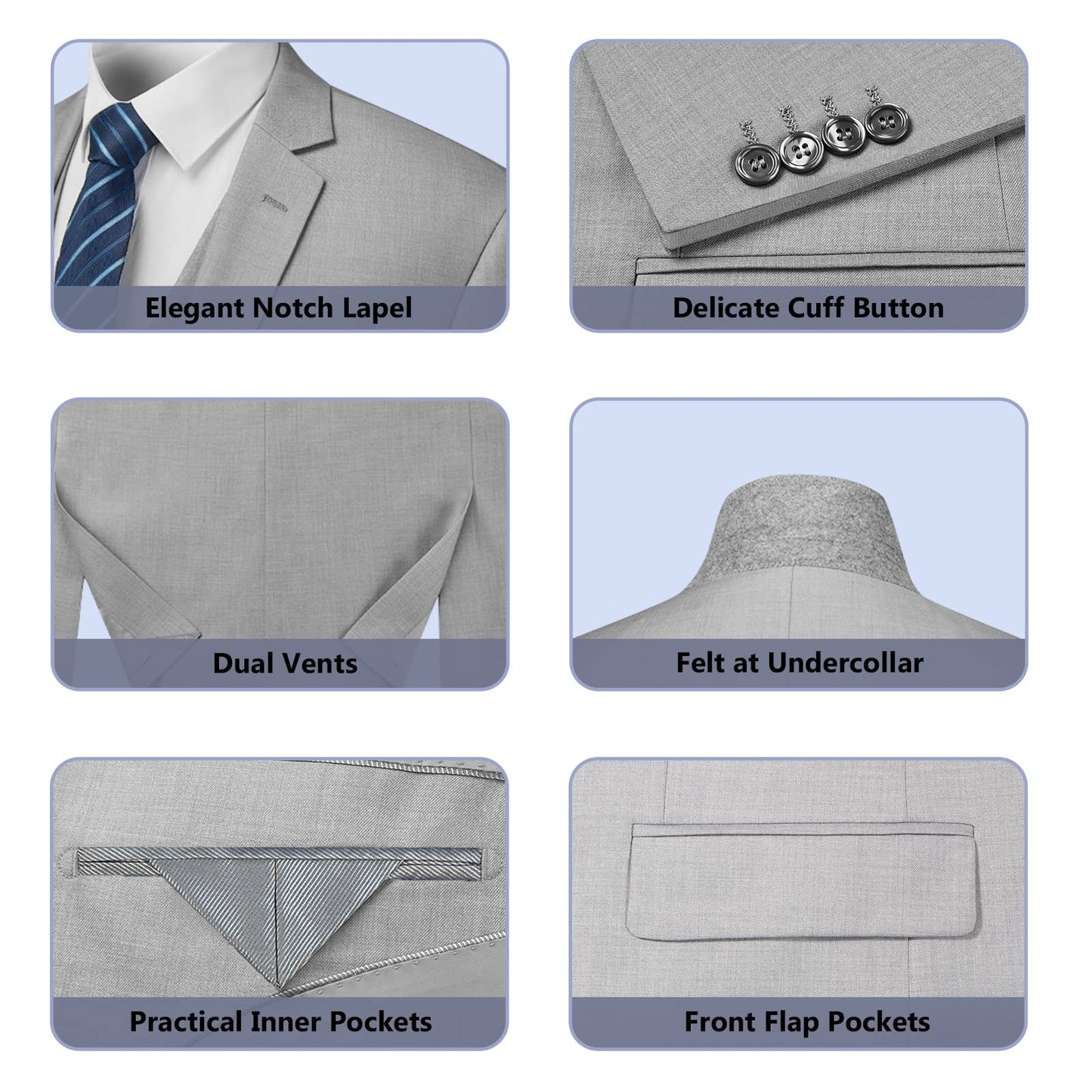 Cooper & Nelson Men's Suit Slim Fit, 3 Piece Suits for Men, One Button Jacket Vest Pants with Tie, Tuxedo Set Light Grey XS