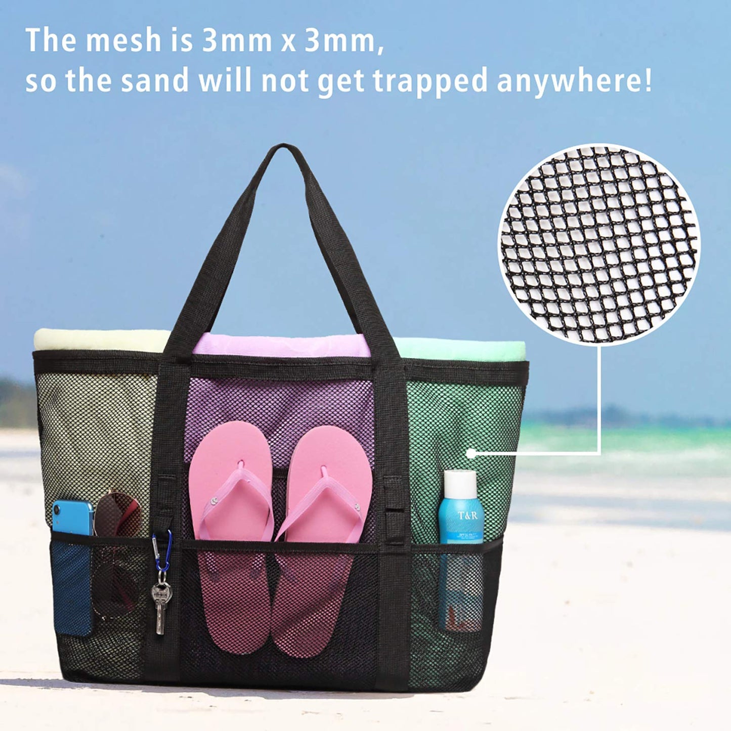 F-color Mesh Beach Bag Oversize-Beach Tote 9 Pockets Beach Towel Bag, Black
