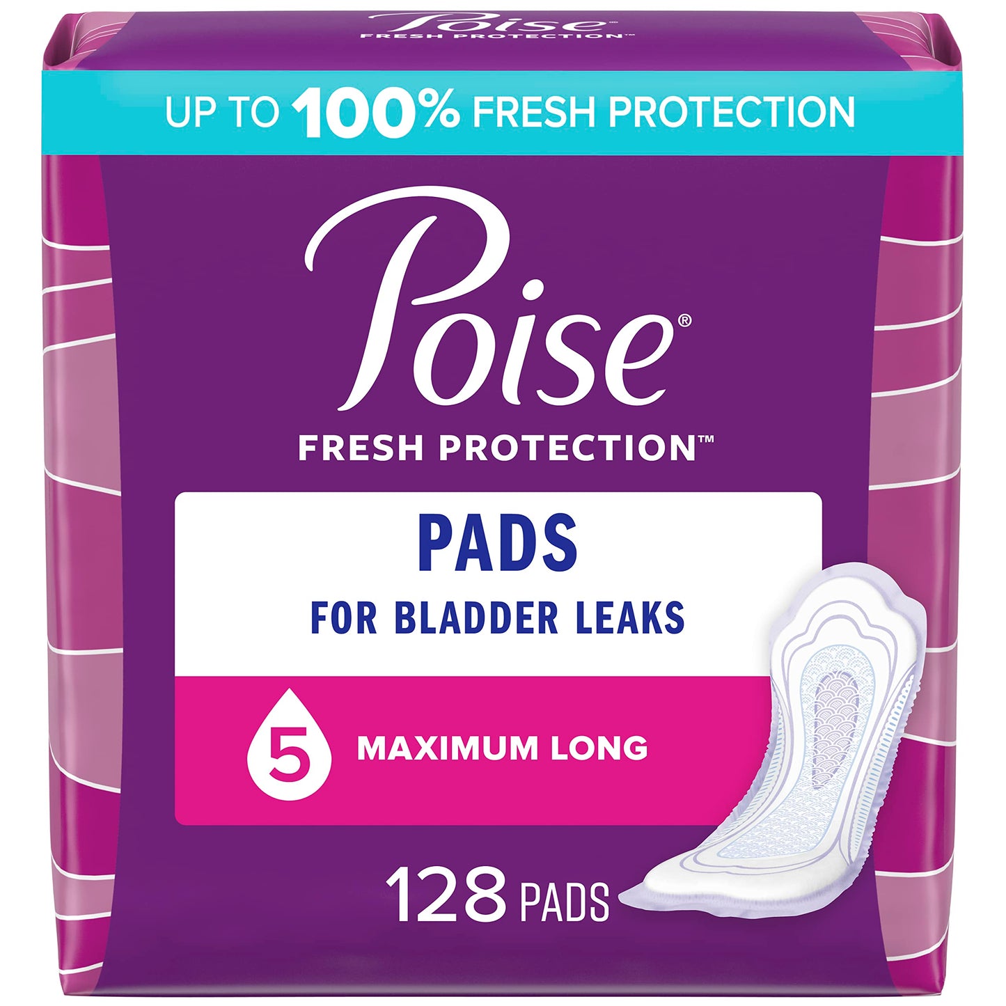 Poise Incontinence Pads & Postpartum Incontinence Pads, 5 Drop Maximum Absorbency, Long Length, 128 Count (2 Packs of 64), Packaging May Vary