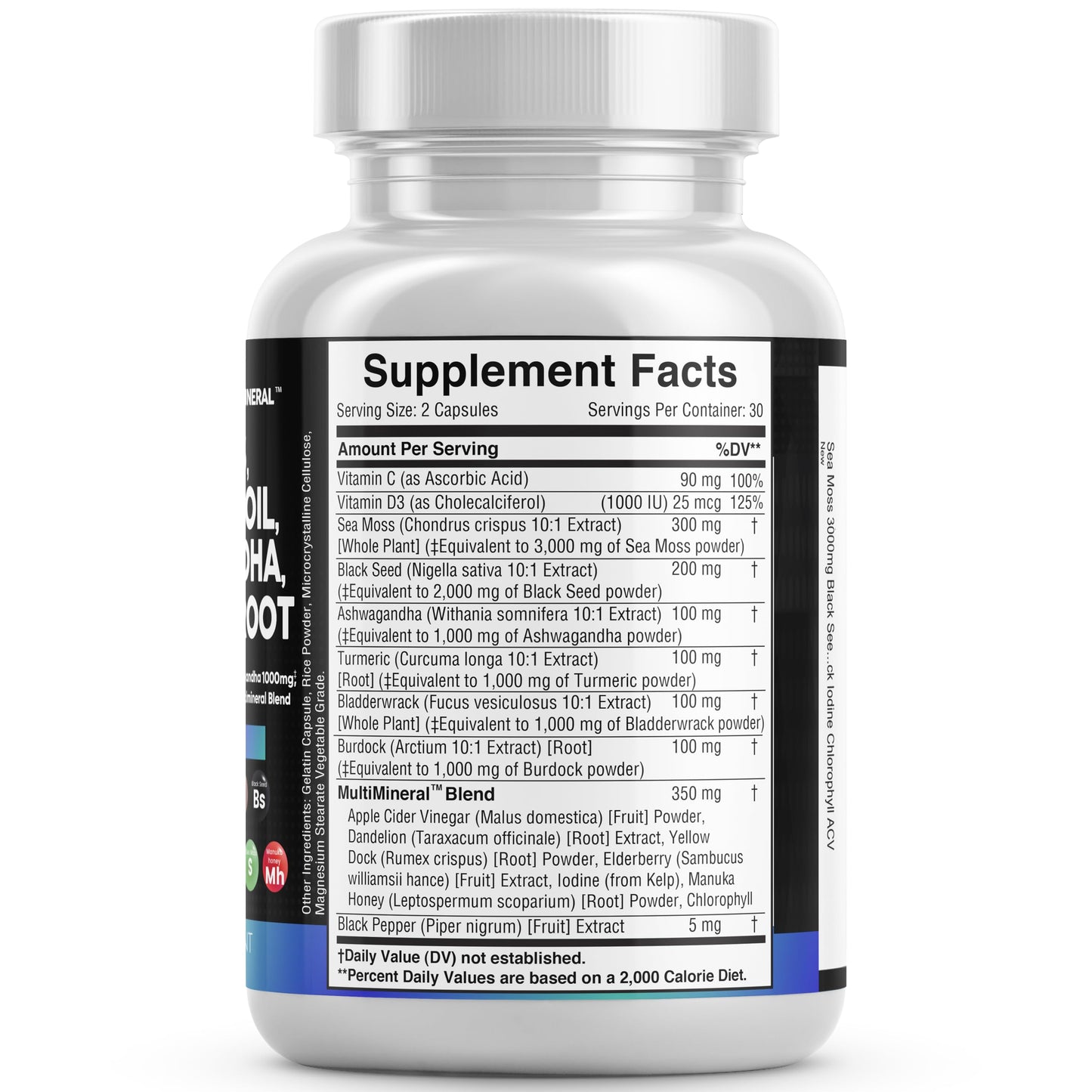 Sea Moss 3000mg Black Seed Oil 2000mg Ashwagandha 1000mg Turmeric 1000mg Bladderwrack 1000mg Burdock 1000mg & Vitamin C & D3 with Elderberry Manuka Dandelion Yellow Dock Iodine Chlorophyll ACV