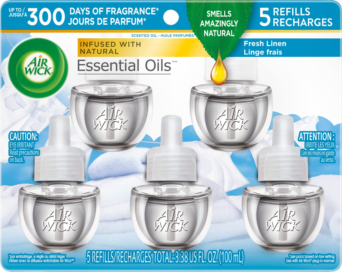 Air Wick Plug in Scented Oil Refill, 5ct, Fresh Linen, Essential Oils, Air Freshener