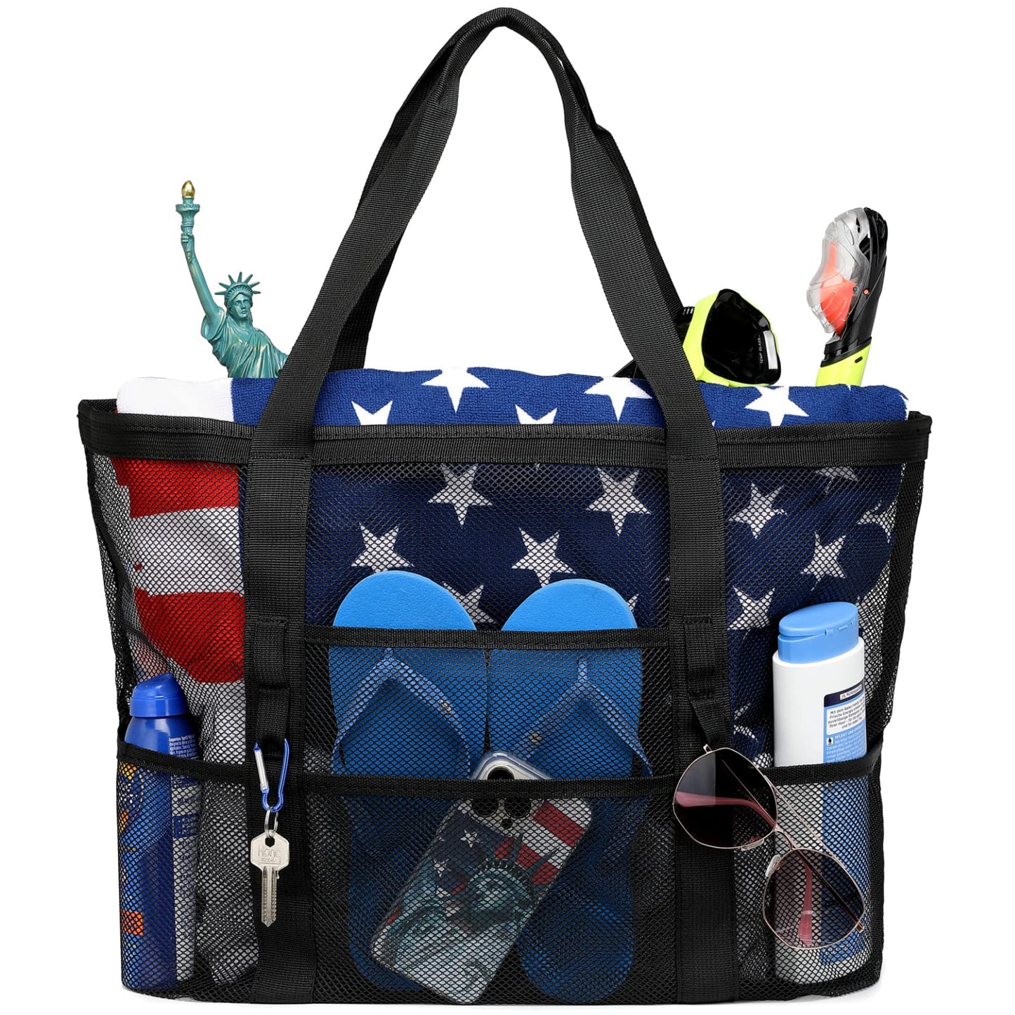 F-color Mesh Beach Bag Oversize-Beach Tote 9 Pockets Beach Towel Bag, Black