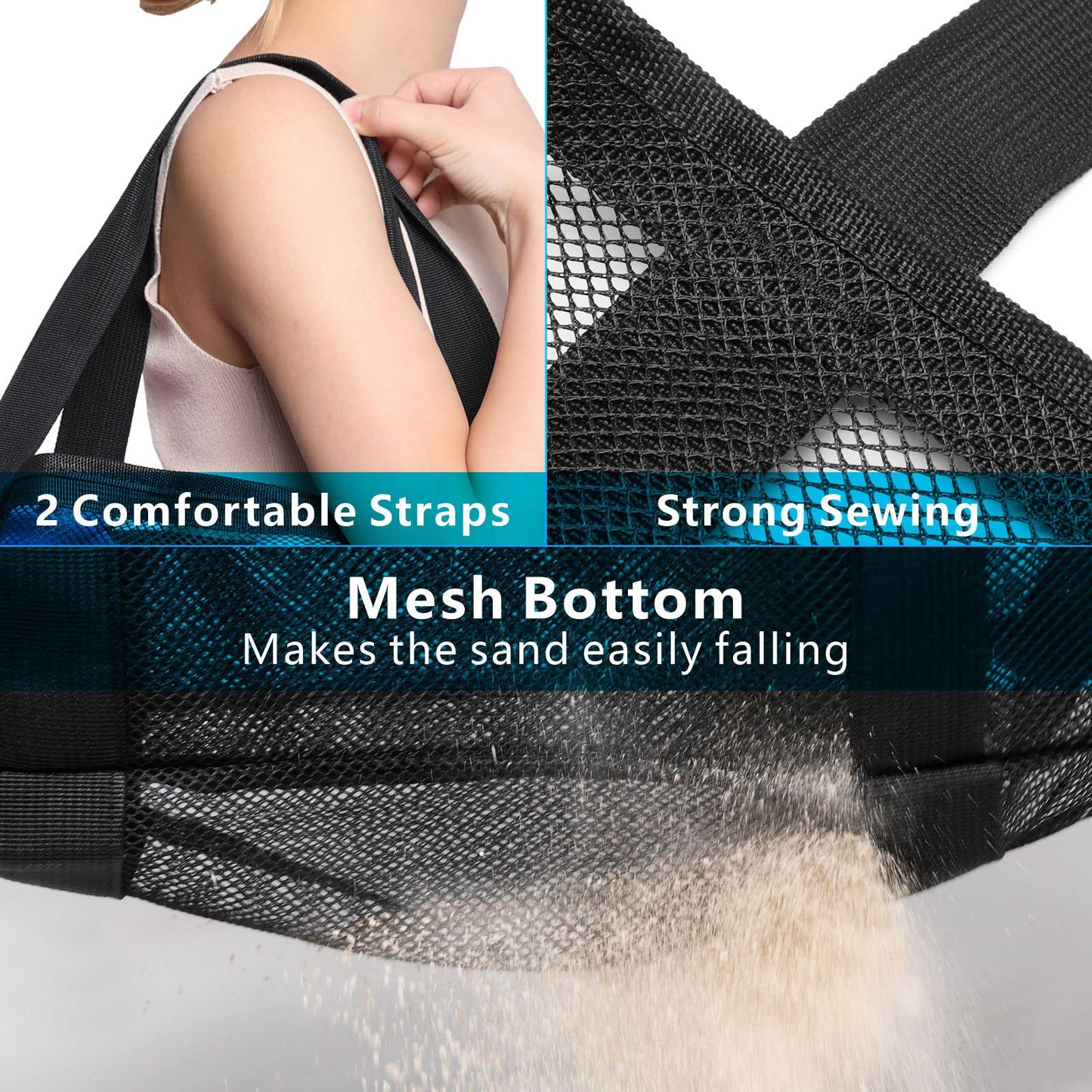F-color Mesh Beach Bag Oversize-Beach Tote 9 Pockets Beach Towel Bag, Black
