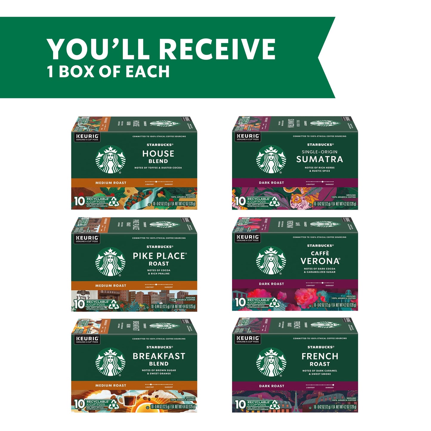 Starbucks K-Cup Coffee Pods—Medium & Dark Roast Variety Pack for Keurig Brewers—100% Arabica—6 boxes (60 pods total)