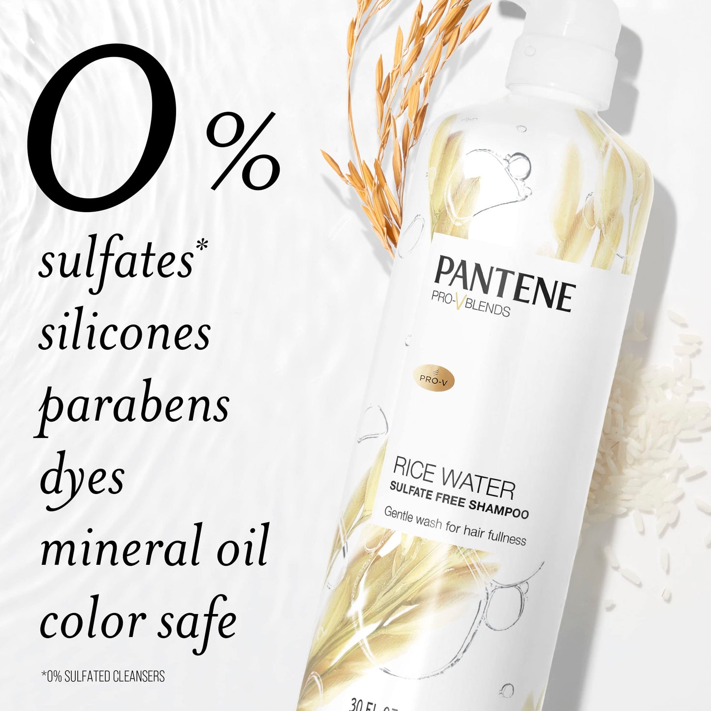 Pantene Sulfate Free Shampoo with Rice Water, Protects Natural Hair Growth, Volumizing, for Women, Nutrient Infused with Vitamin B5, Safe for Color Treated Hair, Pro-V Blends, 30.0 oz