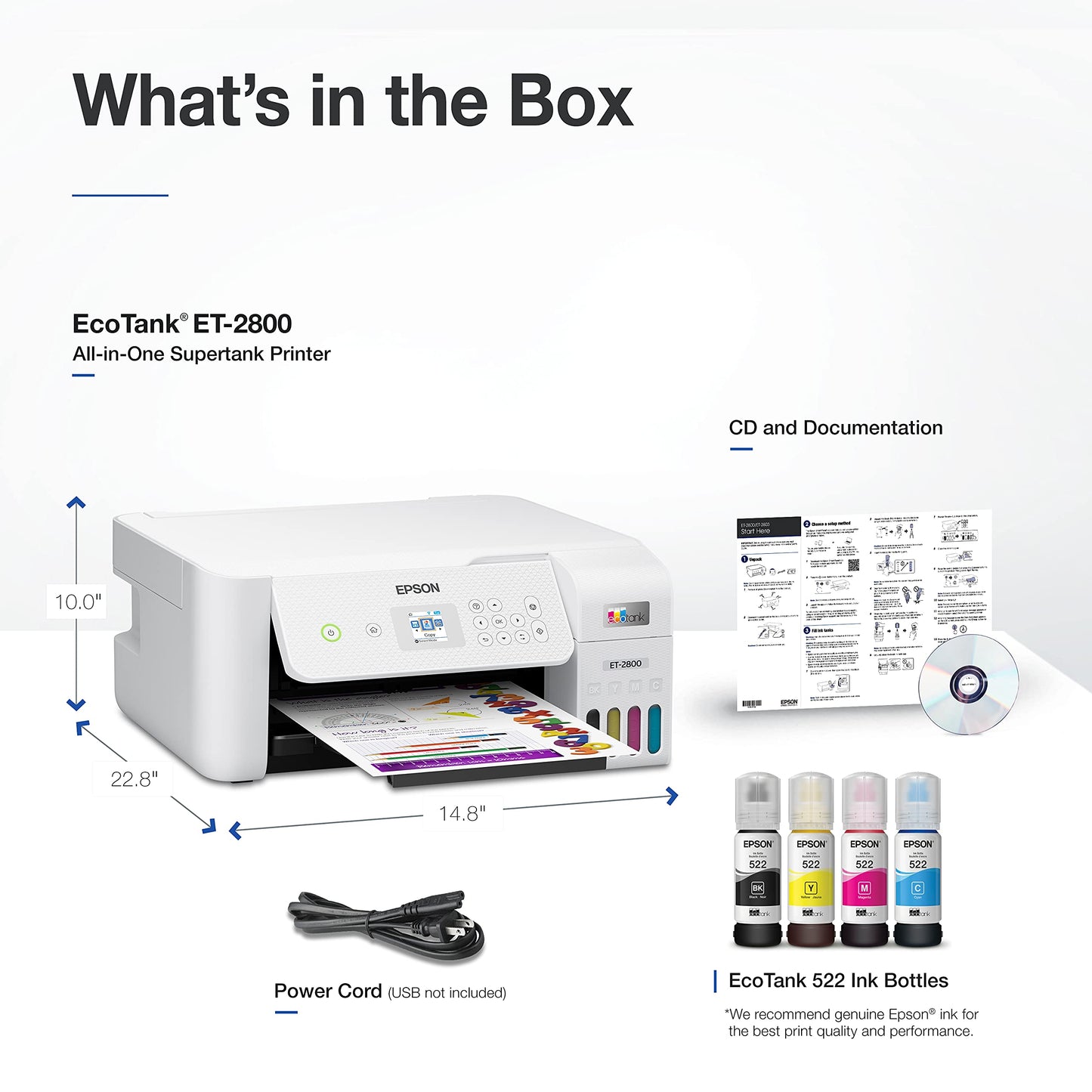 Epson EcoTank ET-2800 Wireless Color All-in-One Cartridge-Free Supertank Printer with Scan and Copy – The Ideal Basic Home Printer - White, Medium