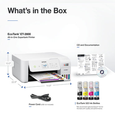 Epson EcoTank ET-2800 Wireless Color All-in-One Cartridge-Free Supertank Printer with Scan and Copy – The Ideal Basic Home Printer - White, Medium