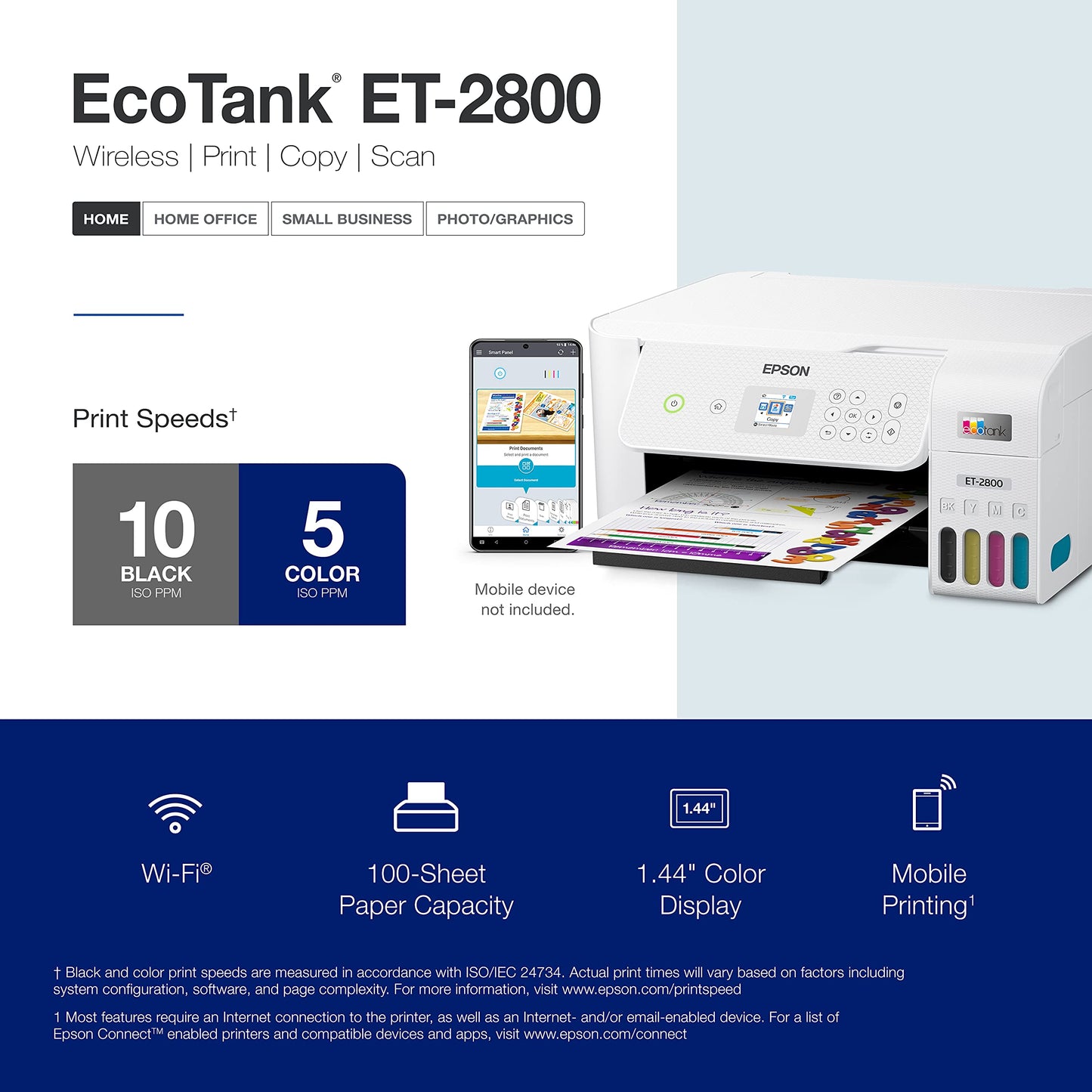 Epson EcoTank ET-2800 Wireless Color All-in-One Cartridge-Free Supertank Printer with Scan and Copy – The Ideal Basic Home Printer - White, Medium