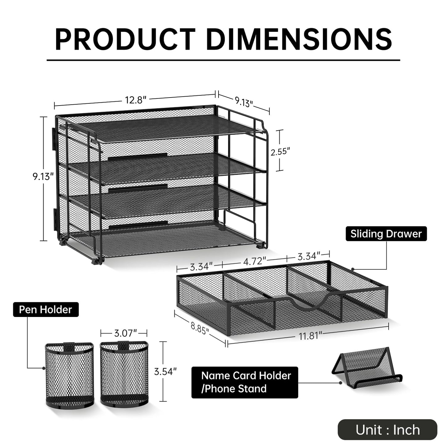 DALTACK Mesh Desk Organizer, 4 Tier Paper Letter Tray Organizer, Desktop Organizer with Drawer and Pen Holders, Desk Organizers and Accessories for Office Supplies, Black