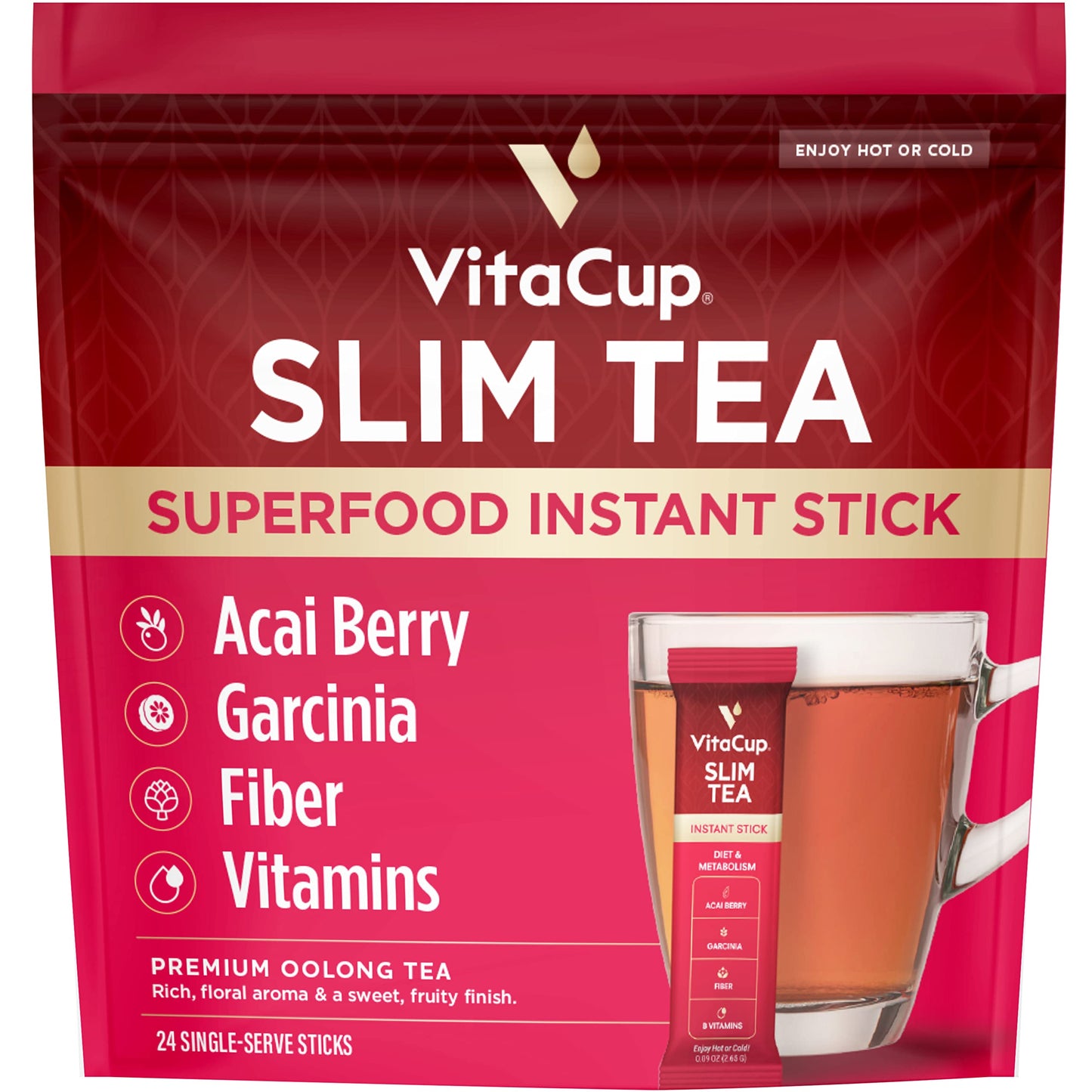VitaCup Slim Instant Tea Packets Acai Oolong tea 24ct + Slim Instant Medium-Dark Ground Coffee 11oz, w/B Vitamins, Garcinia Camogia, Fiber, For Diet & Metabolism Support