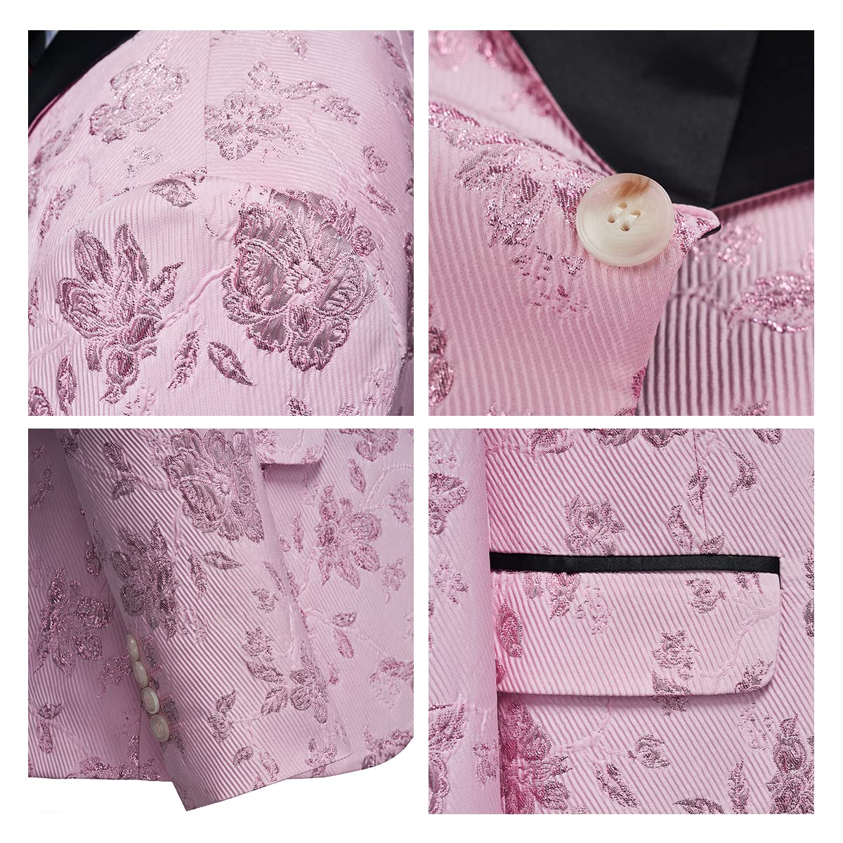 Tuxedo Suits for Men 3 Piece Regular Fit Suit Floral Pattern Blazer Jacket Waistcoat Pants Men Suit Set for Wedding Baby Pink