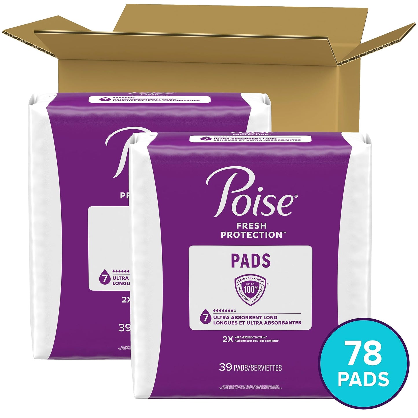 Poise Incontinence Pads & Postpartum Incontinence Pads, 7 Drop Ultra Absorbency, Long Length, 78 Count (2 Packs of 39), Packaging May Vary