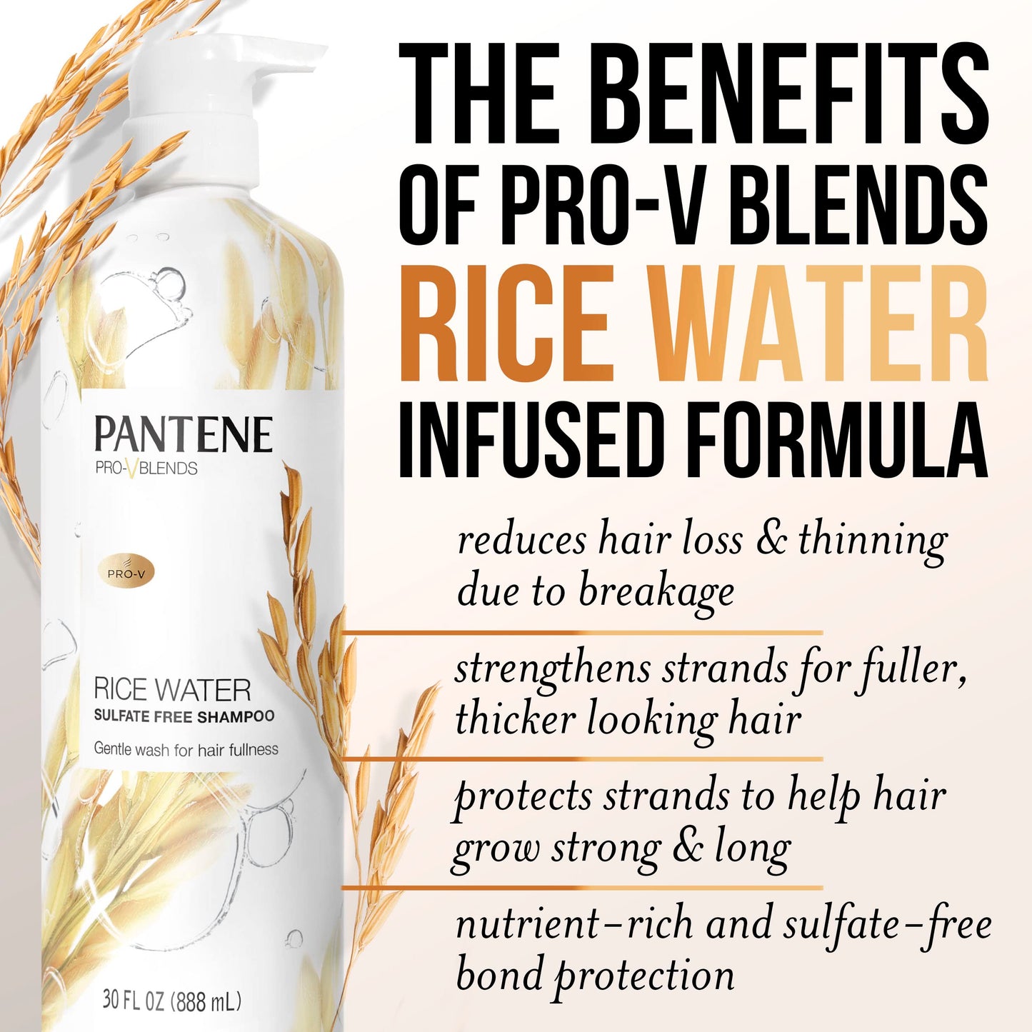 Pantene Sulfate Free Shampoo with Rice Water, Protects Natural Hair Growth, Volumizing, for Women, Nutrient Infused with Vitamin B5, Safe for Color Treated Hair, Pro-V Blends, 30.0 oz