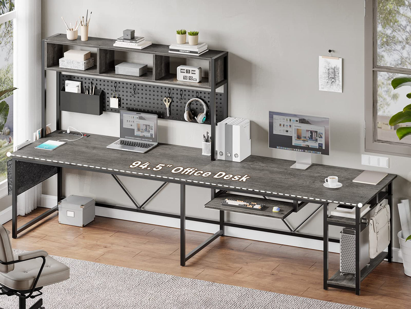 SEDETA L Shaped Desk, 94.5 Inch Home Office Desk with Power Outlet & Pegboard, L Shaped Gaming Desk with LED Light, Keyboard Tray, Storage Shelves and Headphone Hook for Home Office, Grey
