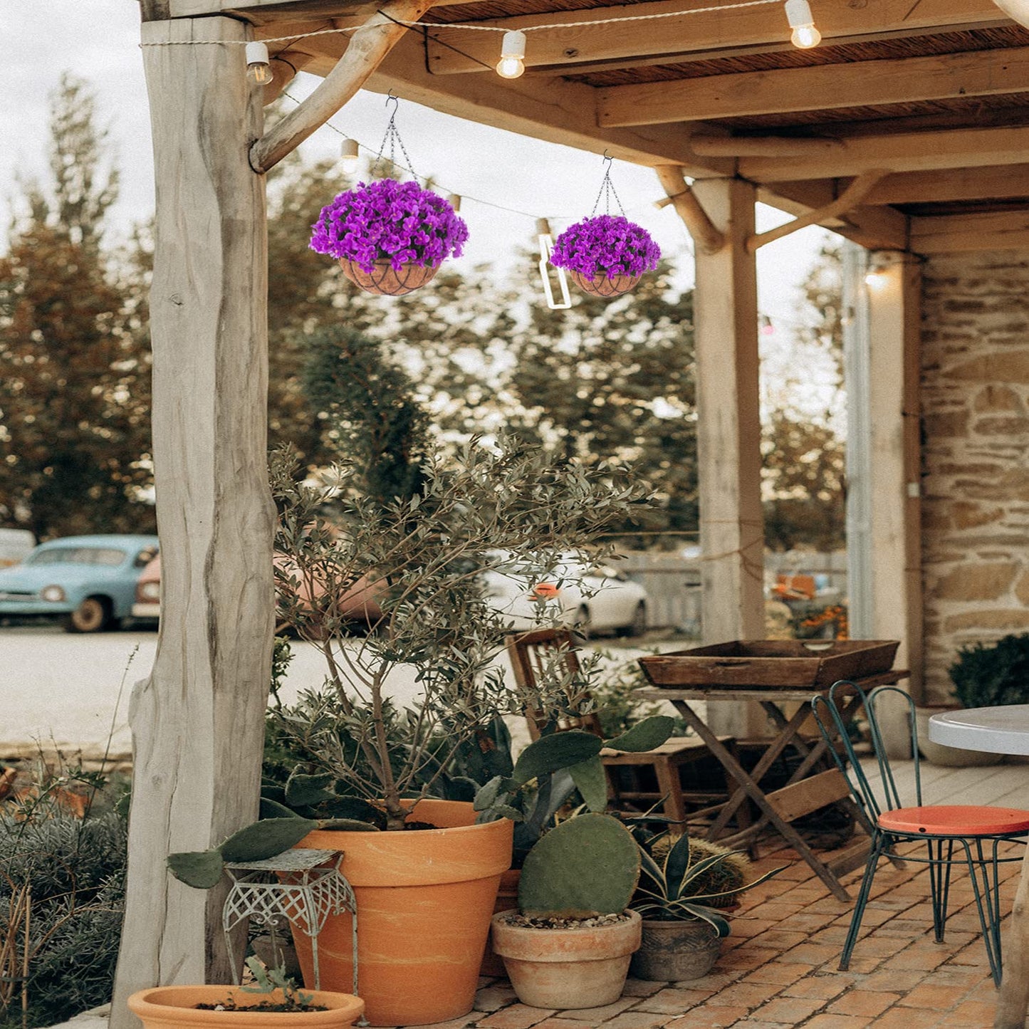 Artificial Flowers with HangingBasket for Outdoor Indoor,Fake Hydrangea Flowers in Coconut Lining Hanging Basket for Home Courtyard Decoration,4 Branches Hydrangea Flowers in 12'' Basket(Purple)