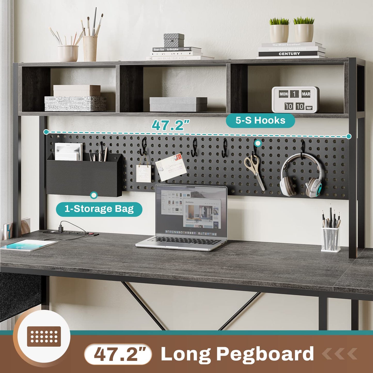 SEDETA L Shaped Desk, 94.5 Inch Home Office Desk with Power Outlet & Pegboard, L Shaped Gaming Desk with LED Light, Keyboard Tray, Storage Shelves and Headphone Hook for Home Office, Grey
