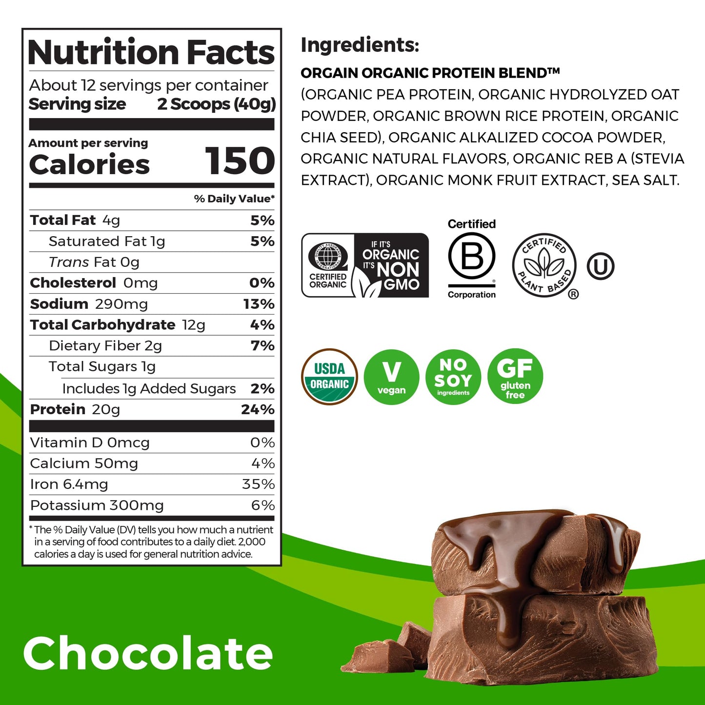 Orgain Organic Vegan Protein Powder + Oat Milk, Chocolate - 20g Plant Based Protein with Milk from Oats, Gluten Free, Dairy Free, Lactose Free, Soy Free, Low Sugar, Non GMO, Kosher - 1.05lb