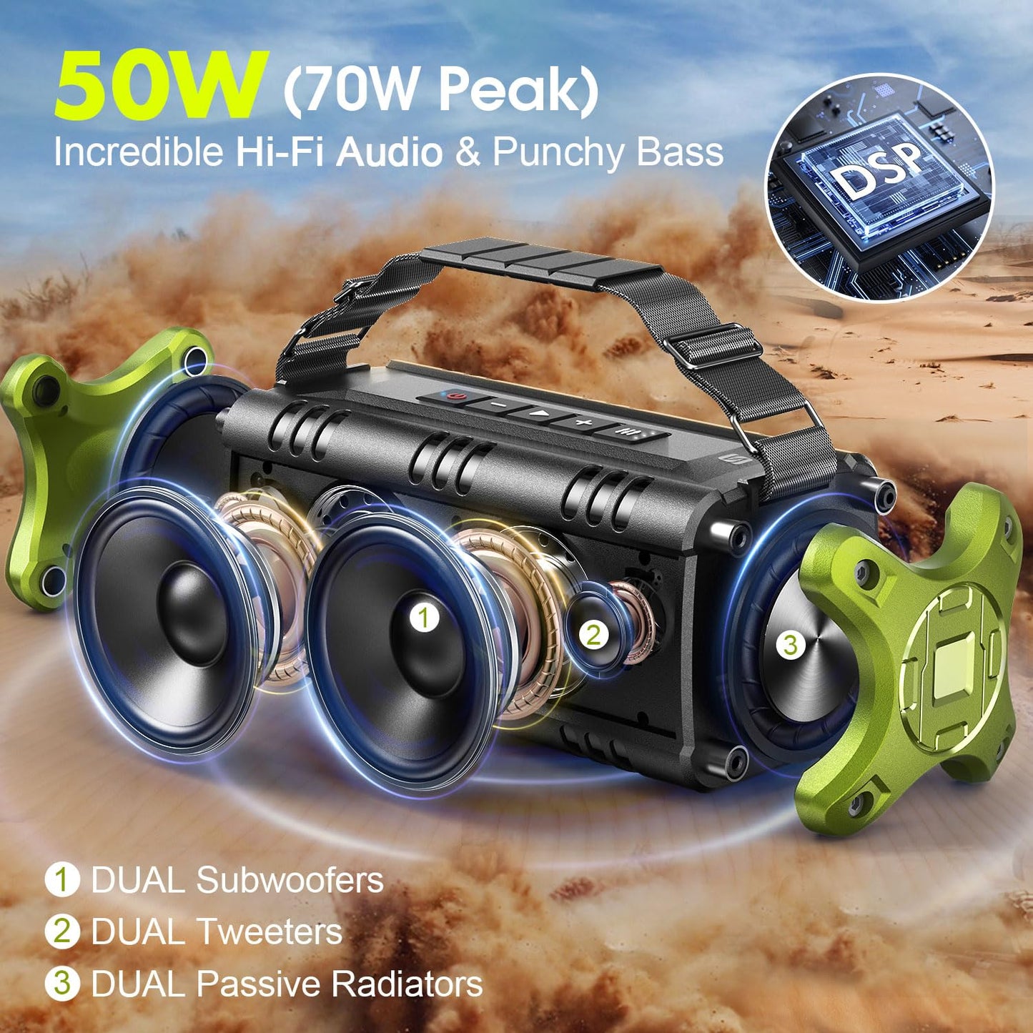 W-KING Bluetooth Speaker, 50W Portable Speakers Bluetooth Wireless Loud, IPX6 Waterproof Outdoor Large Bluetooth Speaker Subwoofer/Bass Boost/DSP/40H Playtime/Stereo Pairing/Power Bank/TF/Hands-Free