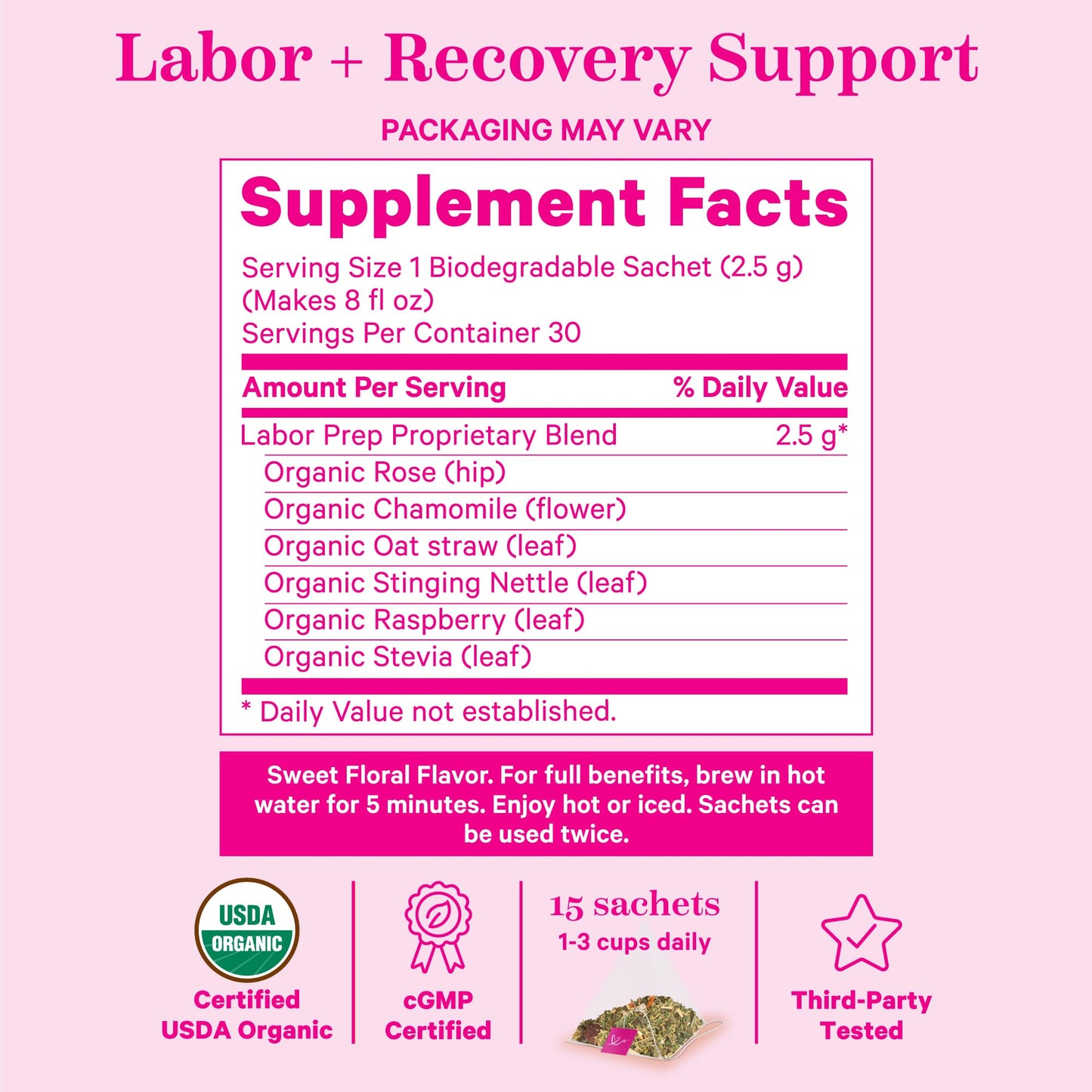 Pink Stork Labor Prep Tea, Organic Red Raspberry Leaf Tea with Chamomile and Rosehip, Caffeine-Free, Pregnancy Must Haves, Labor and Delivery Essentials, Third Trimester Pregnancy Tea - 15 Sachets