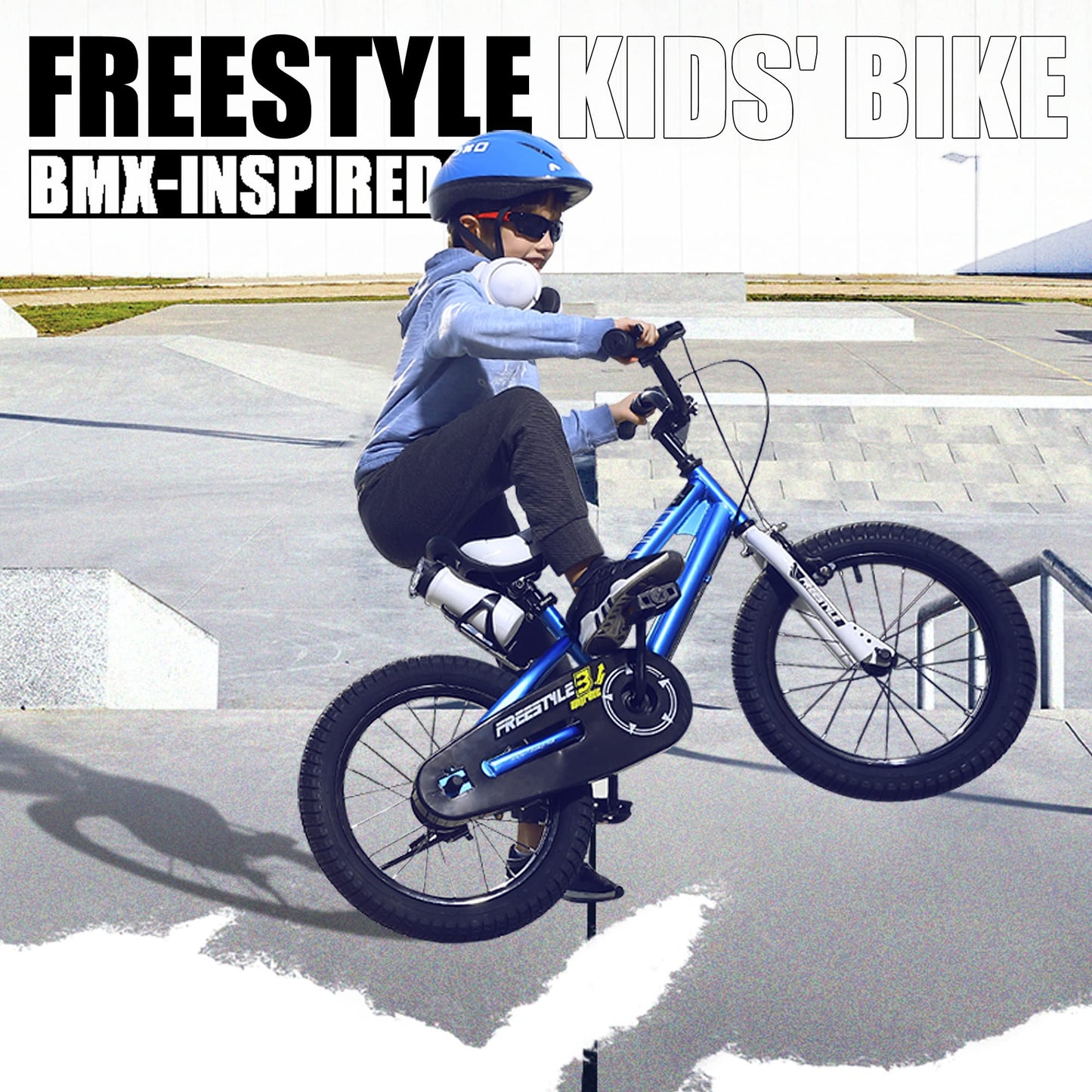 RoyalBaby BMX Freestyle Kid's Bike with Two Hand Brakes, Tool Free Pedal Assembly Boy's Bike and Girl's Bike, Training Wheels for 12" 14" 16", Kickstand for 16" 18" Bicycle, Blue Color (18 Inch)