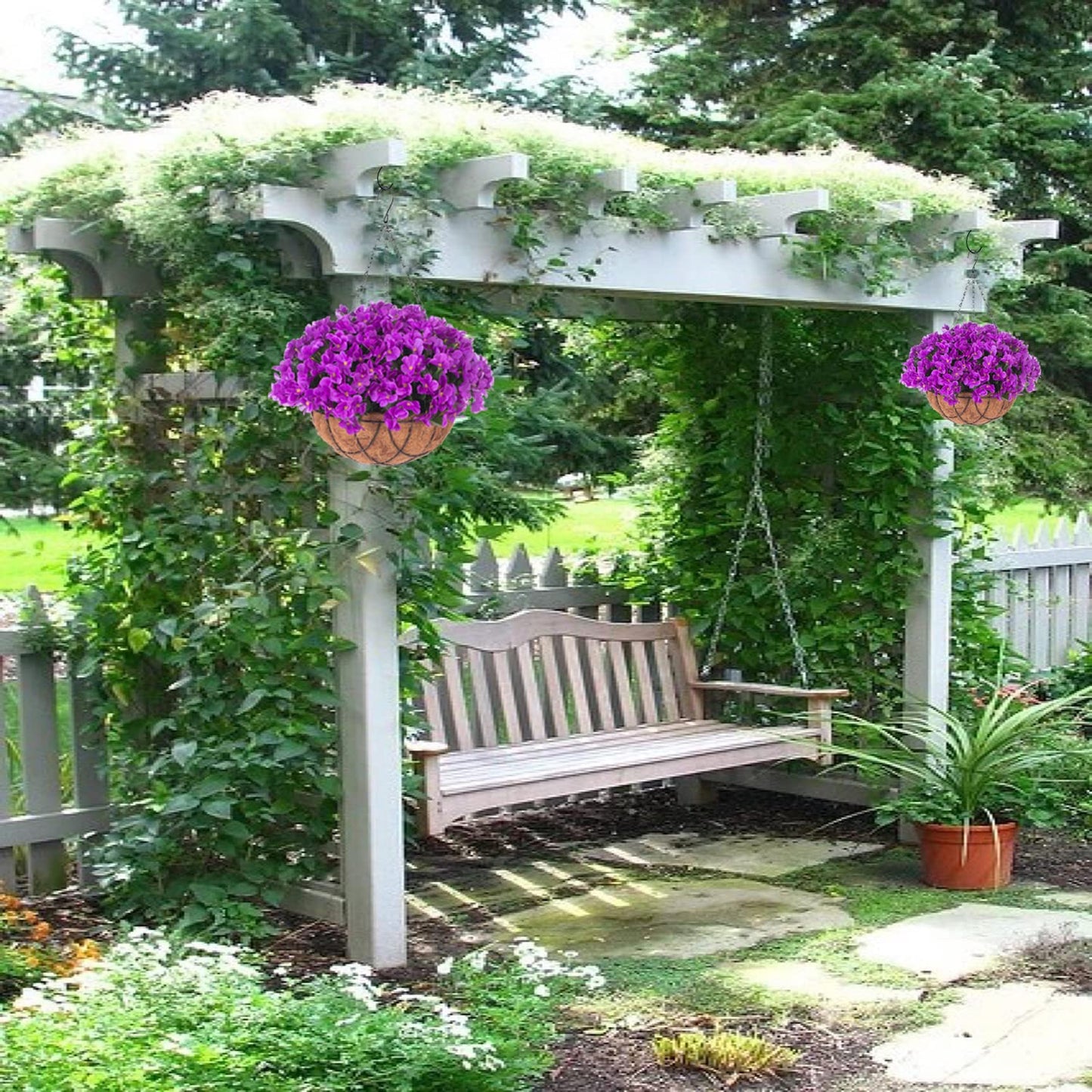 Artificial Flowers with HangingBasket for Outdoor Indoor,Fake Hydrangea Flowers in Coconut Lining Hanging Basket for Home Courtyard Decoration,4 Branches Hydrangea Flowers in 12'' Basket(Purple)
