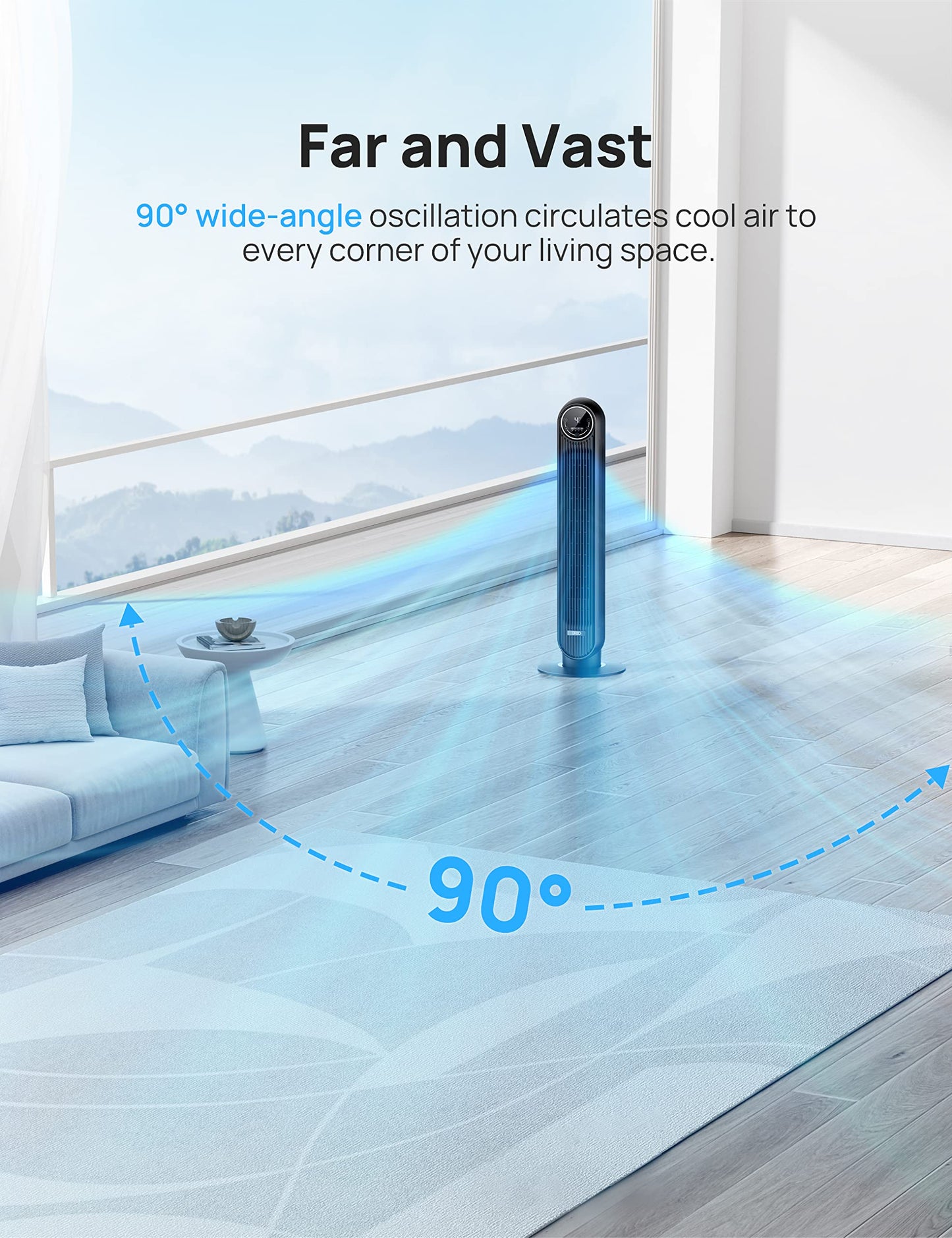 Dreo Tower Fan for Bedroom, 24ft/s Velocity Quiet Floor Fan, 90° Oscillating Fans for Indoors with 4 Speeds, 4 Modes, 8H Timer, Standing Fans, Bladeless Fan, Black, Nomad One (DR-HTF007)