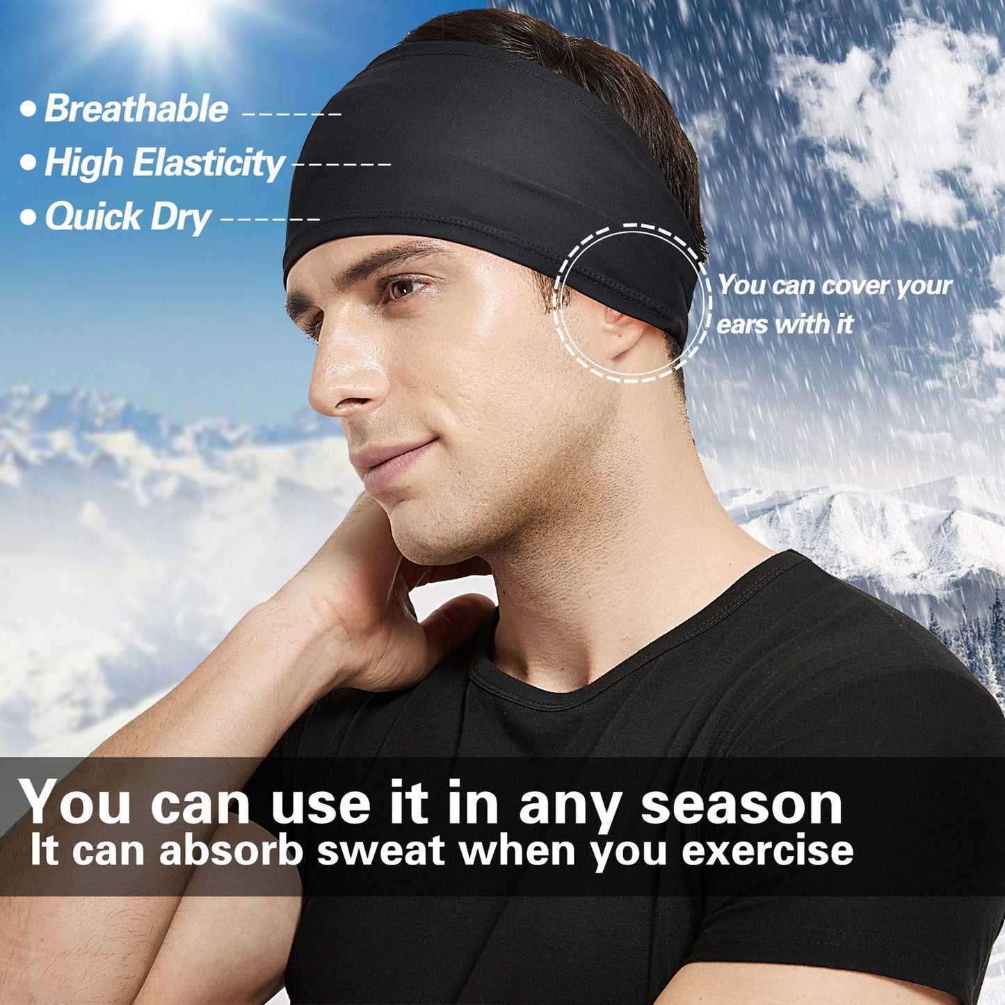 Acozycoo Mens Running Headband,5Pack,Mens Sweatband Sports Headband for Running,Cycling,Basketball,Yoga,Fitness Workout Stretchy Unisex Hairband (5 Black)