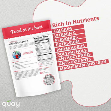 Quay Naturals Hibiscus Flowers, 4 oz, Flor de Jamaica - Cut & sifted - Pure & Natural Roselle Flowers for Teas, Smoothies & Baking - Hibiscus sabdariffa Flowers - Non GMO