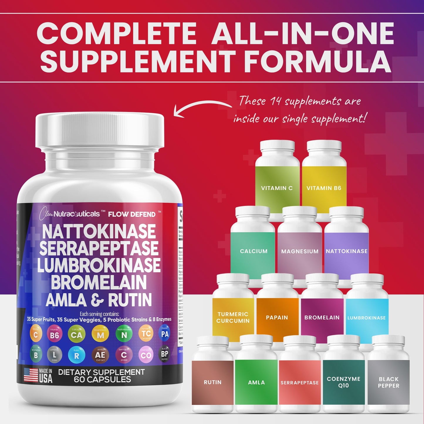 Nattokinase 4000 FU Serrapeptase 120000 SPU Lumbrokinase Enzyme Supplement with Bromelain Papain Papaya Enzymes Rutin Extract Amla Magnesium Vitamin B6 & VIT C Capsules Pineapple Pills Made in USA