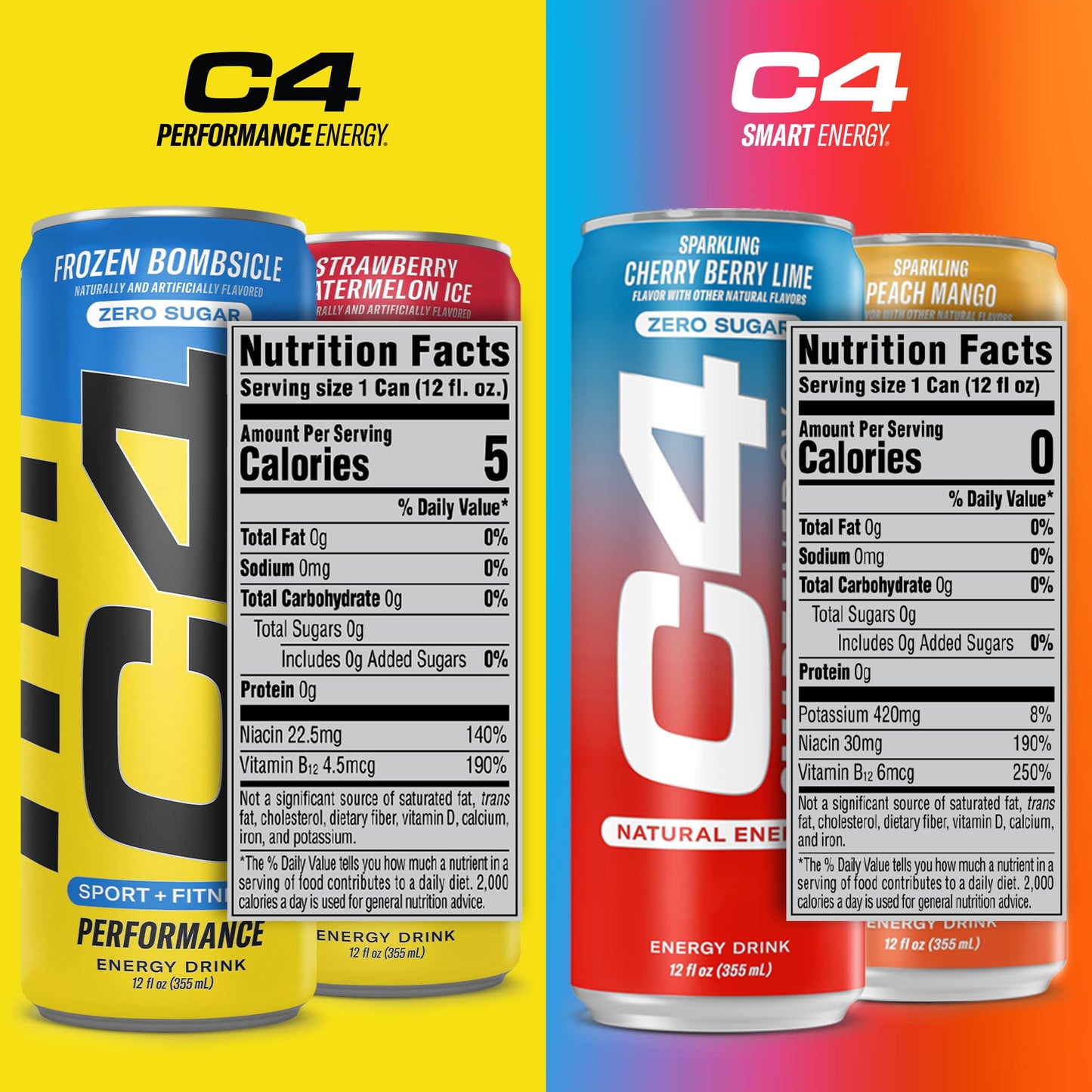 C4 Energy & Smart Energy Drinks Variety Pack, Sugar Free Pre Workout Performance Drink With No Artificial Colors or Dyes, Zero Calorie, Coffee Substitute or Alternative, 4 Flavor Variety 12 Pack