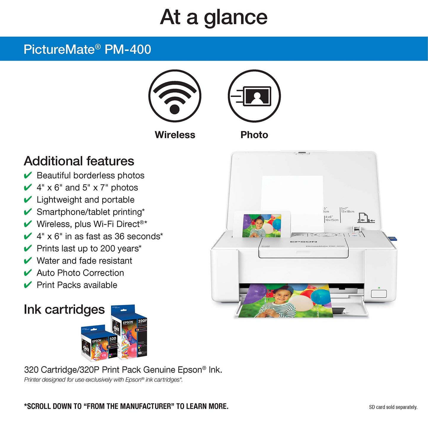 Epson PictureMate PM-400 Wireless Compact Color Photo Printer, white