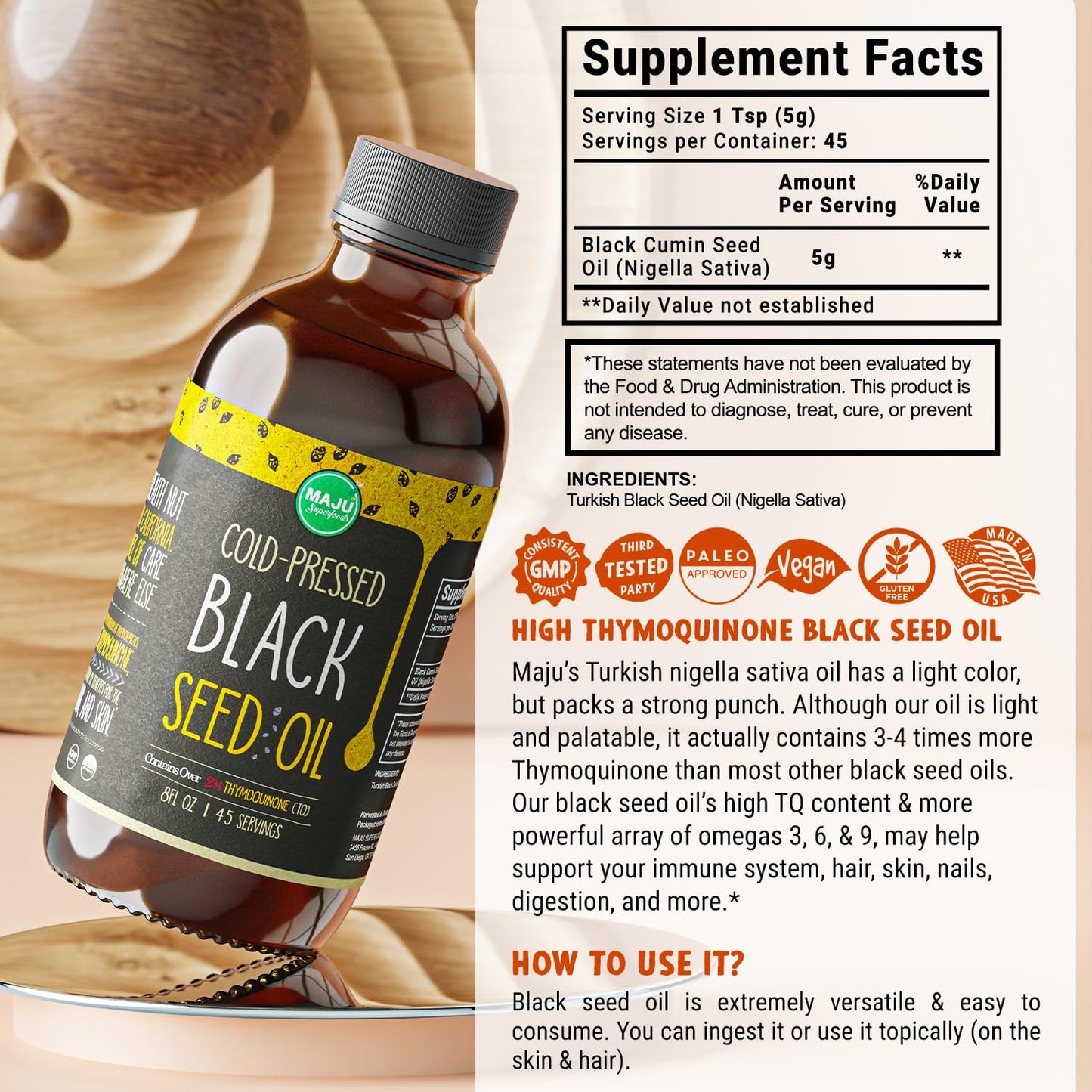 MAJU Black Seed Oil - 3 Times Thymoquinone, Cold-Pressed, 100% Turkish Black Cumin Seed Oil, Liquid Pure Blackseed Oil, Glass Bottle, 8 oz