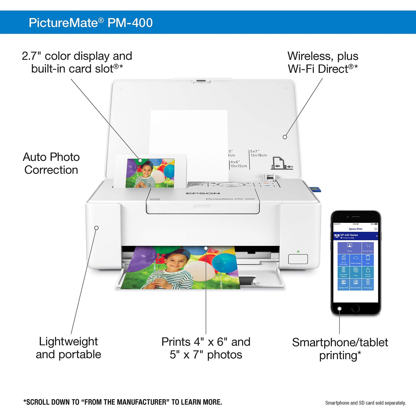 Epson PictureMate PM-400 Wireless Compact Color Photo Printer, white