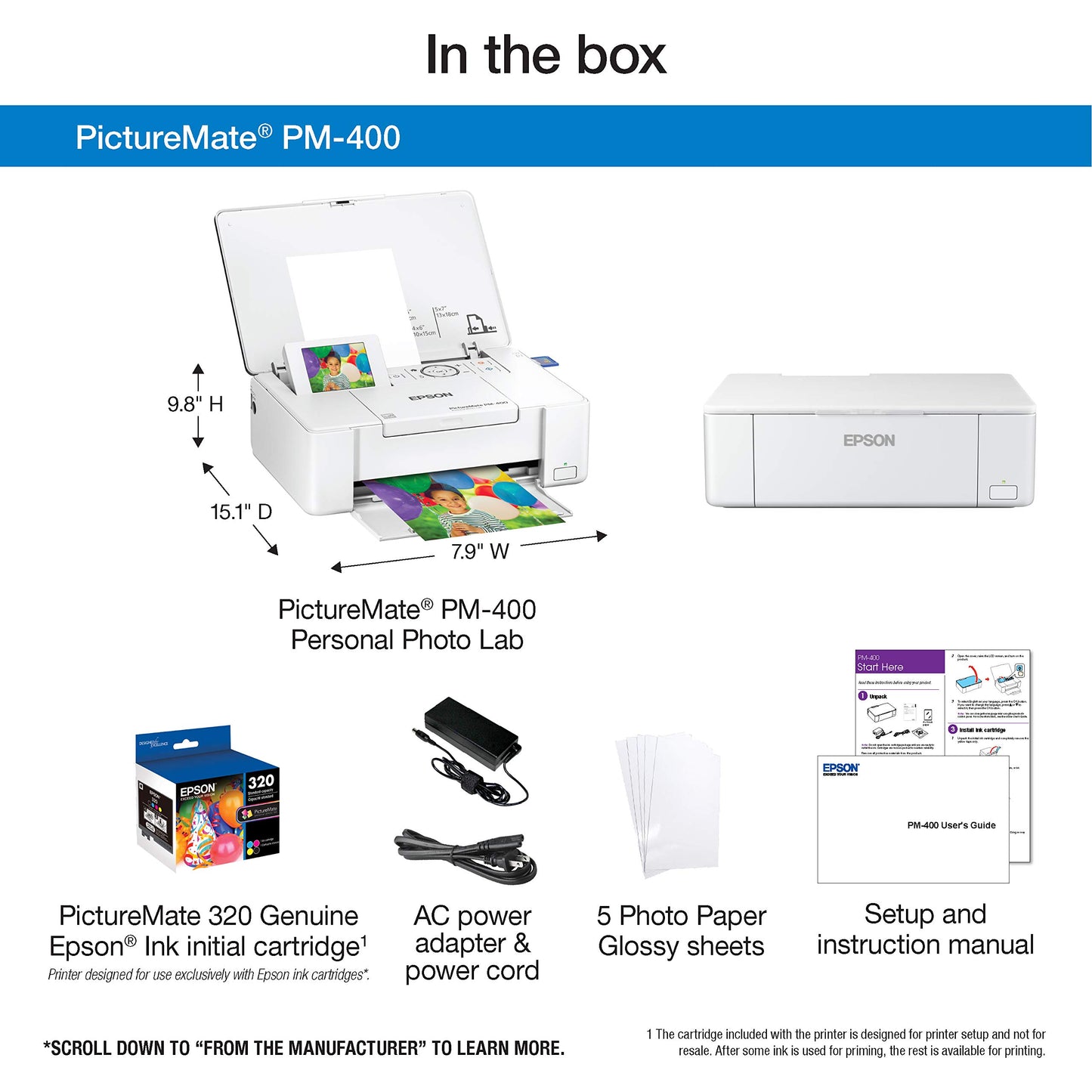 Epson PictureMate PM-400 Wireless Compact Color Photo Printer, white