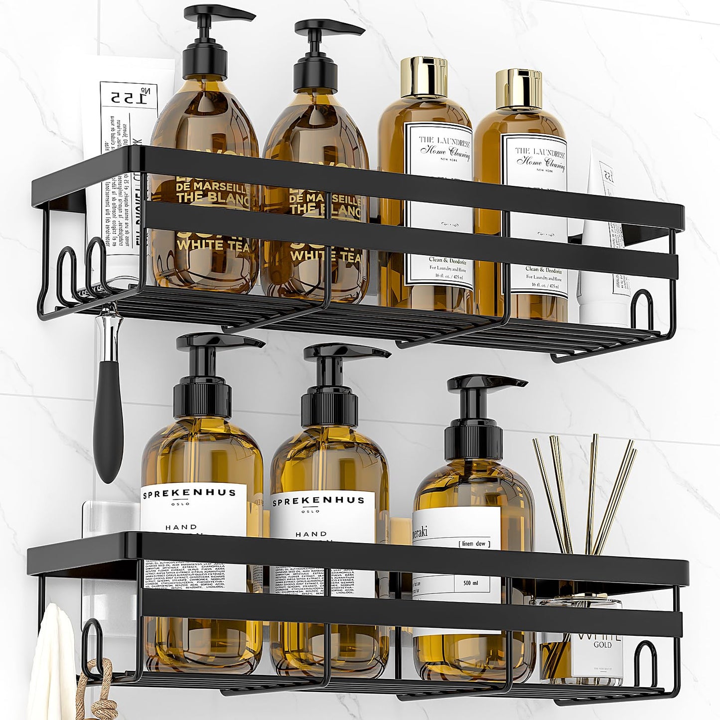 WOWBOX Shower Caddy Shelf, 2 Pack Adhesive Bathroom Shower Organizer Hanging Shower Shelf for Inside Shower, No Drilling Stainless Black Shower Shelves for Bathroom Storage&Home Decor&Kitchen