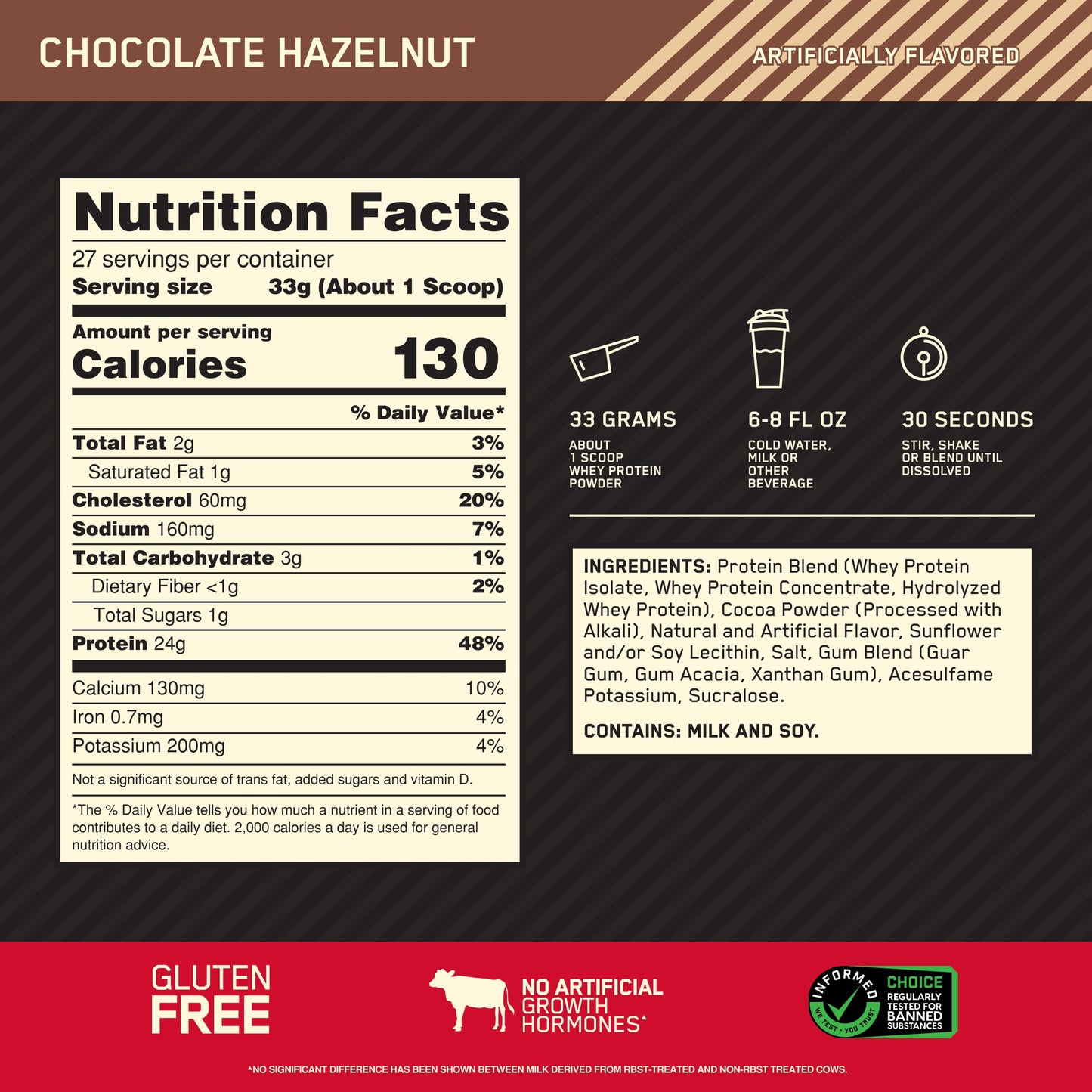 Optimum Nutrition Gold Standard 100% Whey Protein Powder, Chocolate Hazelnut, 2 Pound (Pack of 1)