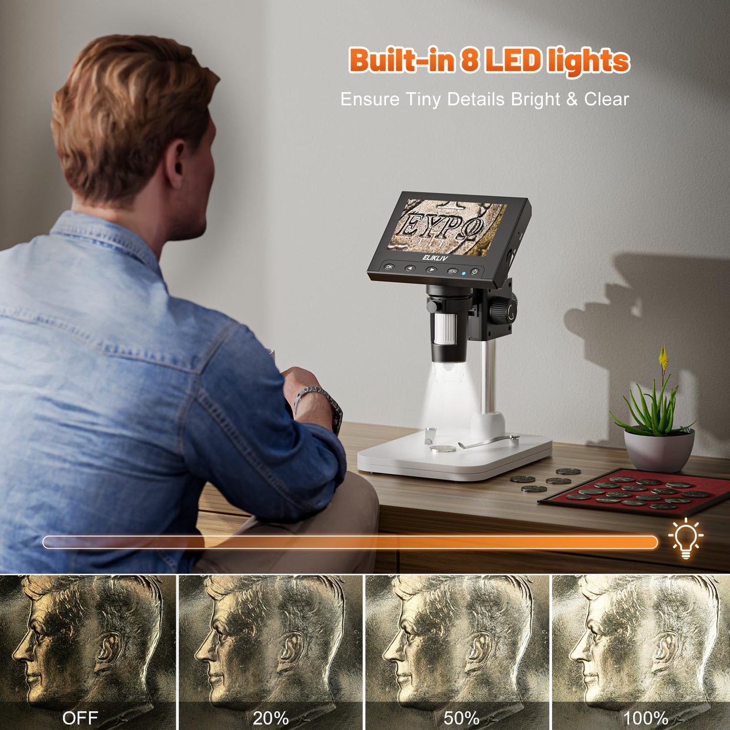 Elikliv Microscope, LCD Digital Coin Microscope 1000x, Coin Magnifier with 8 Adjustable LED Lights, PC View Compatible for Windows, EDM4, 4.3Inch (Black)