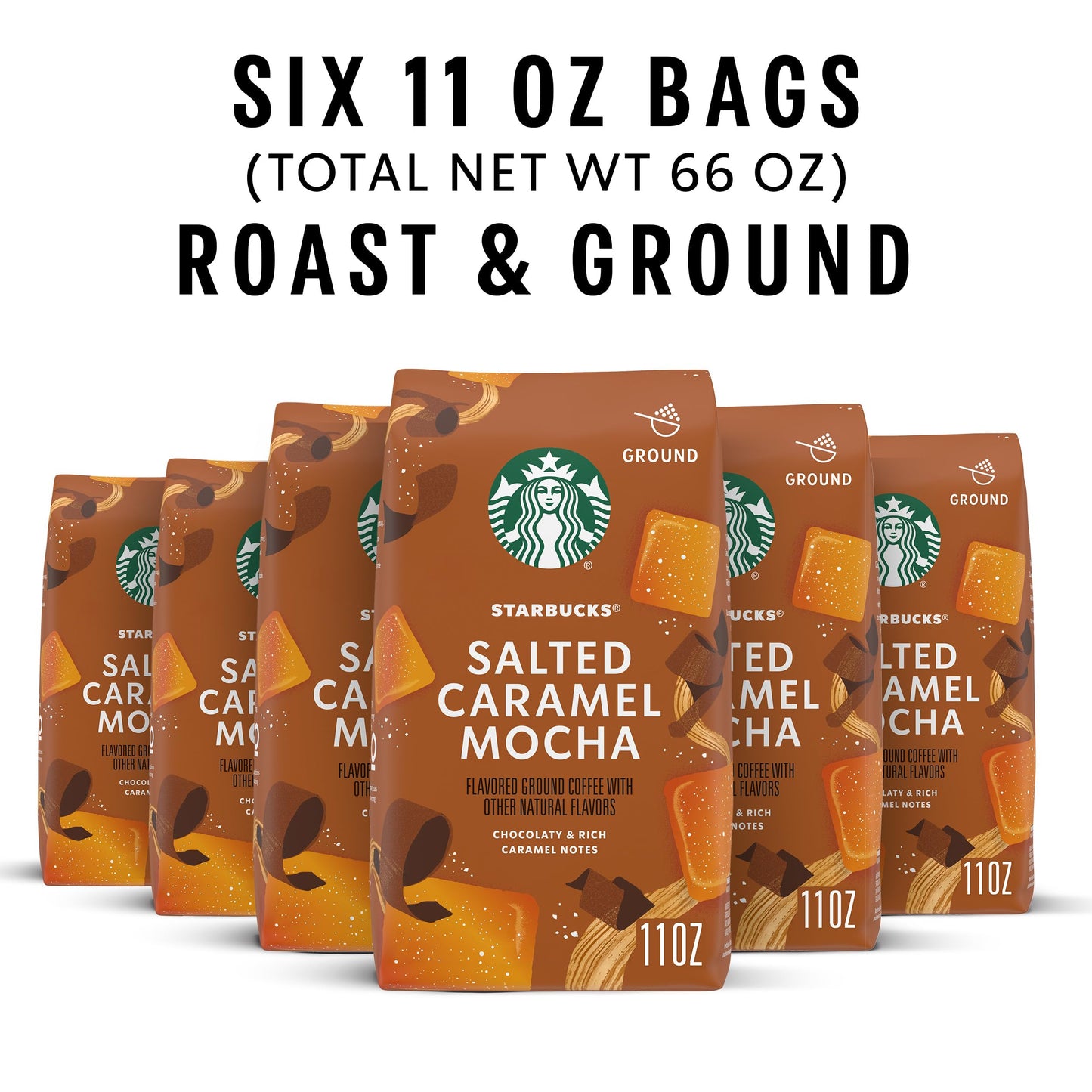Starbucks Ground Coffee, Salted Caramel Mocha Naturally Flavored Coffee, 100% Arabica, Limited Edition, 6 Bags (11 Oz Each)
