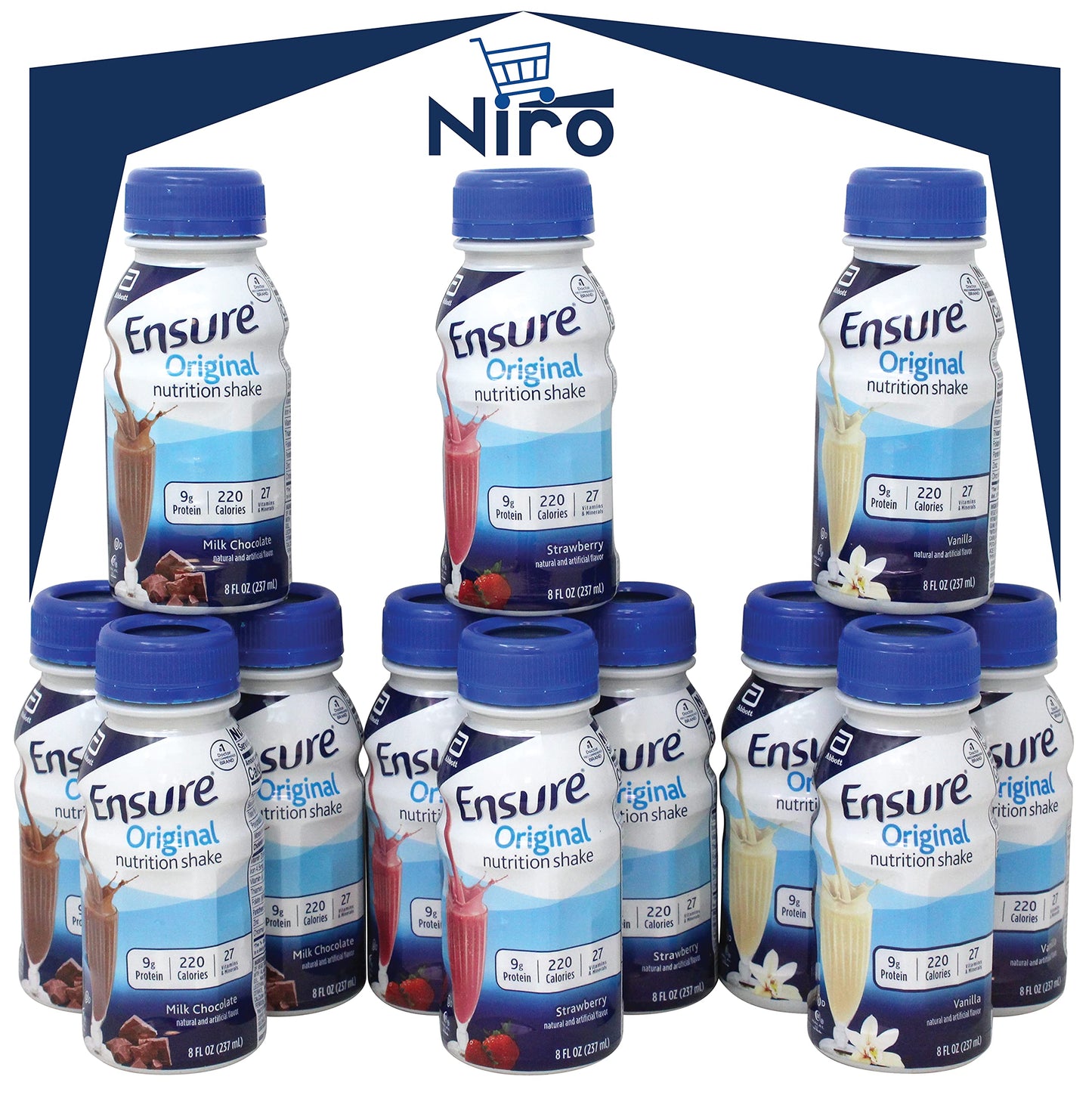 Ensure Original Nutrition Shakes | Variety Pack | Milk Chocolate Shake, Vanilla Shake, and Strawberry Flavors | Nutritional Full of Vitamins and Minerals 12 Pack | Niro Assortment With Niro Travel Beverage Sleeve