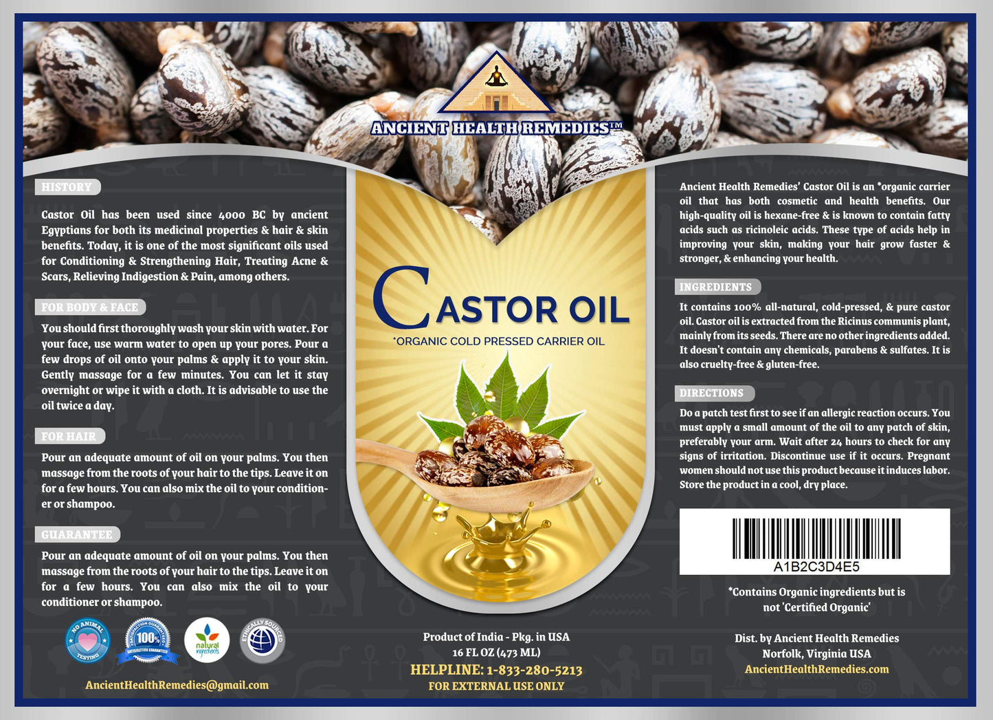 Ancient Health Remedies Organic Castor Oil - Cold Pressed, Unrefined, Pure Carrier Oil for Hair Growth, Skin Moisturizing & Softening (16 oz)