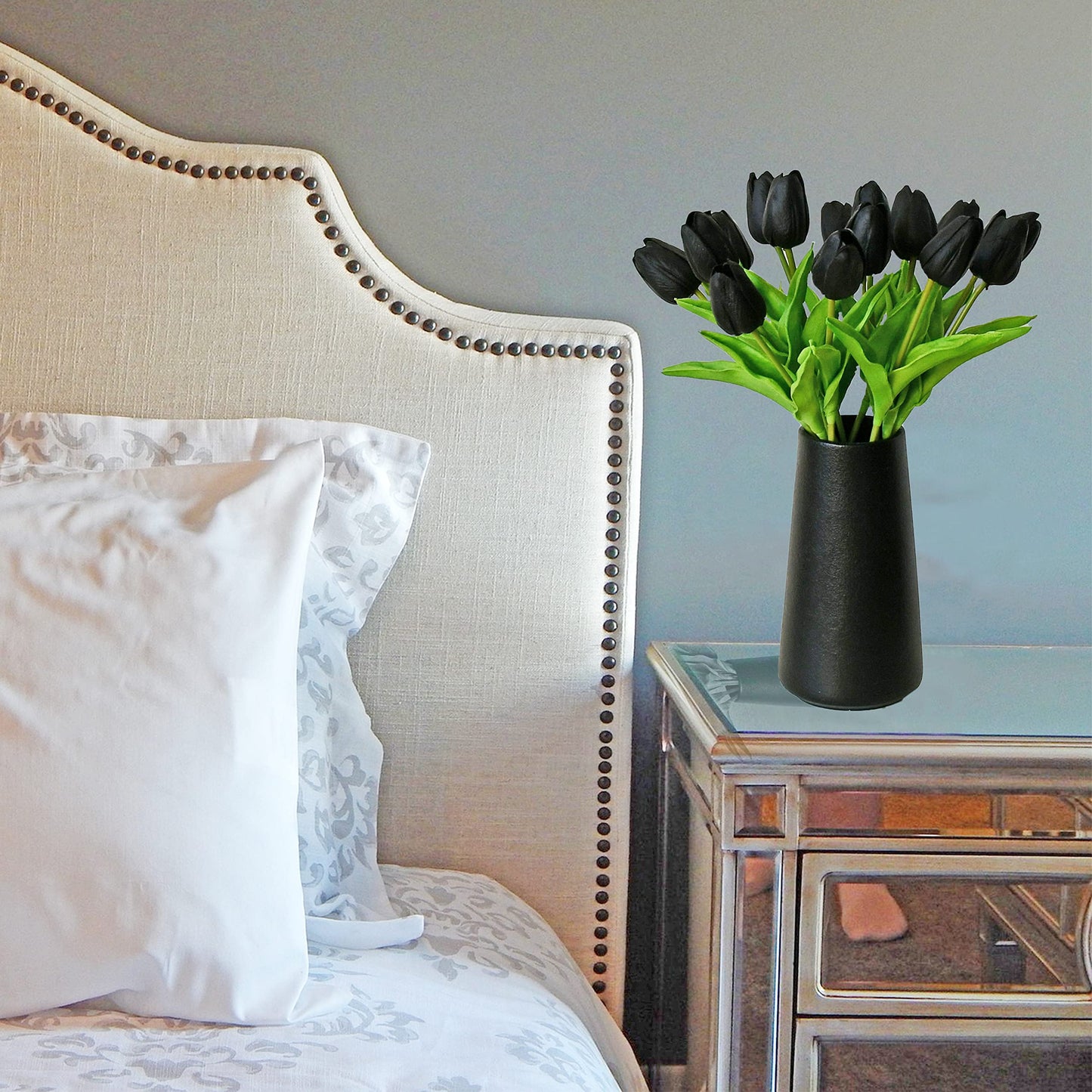 Mandy's 28pcs Black Artificial Tulip Silk Flowers 13.5" for Halloween in Bulk Home Kitchen Wedding Decorations