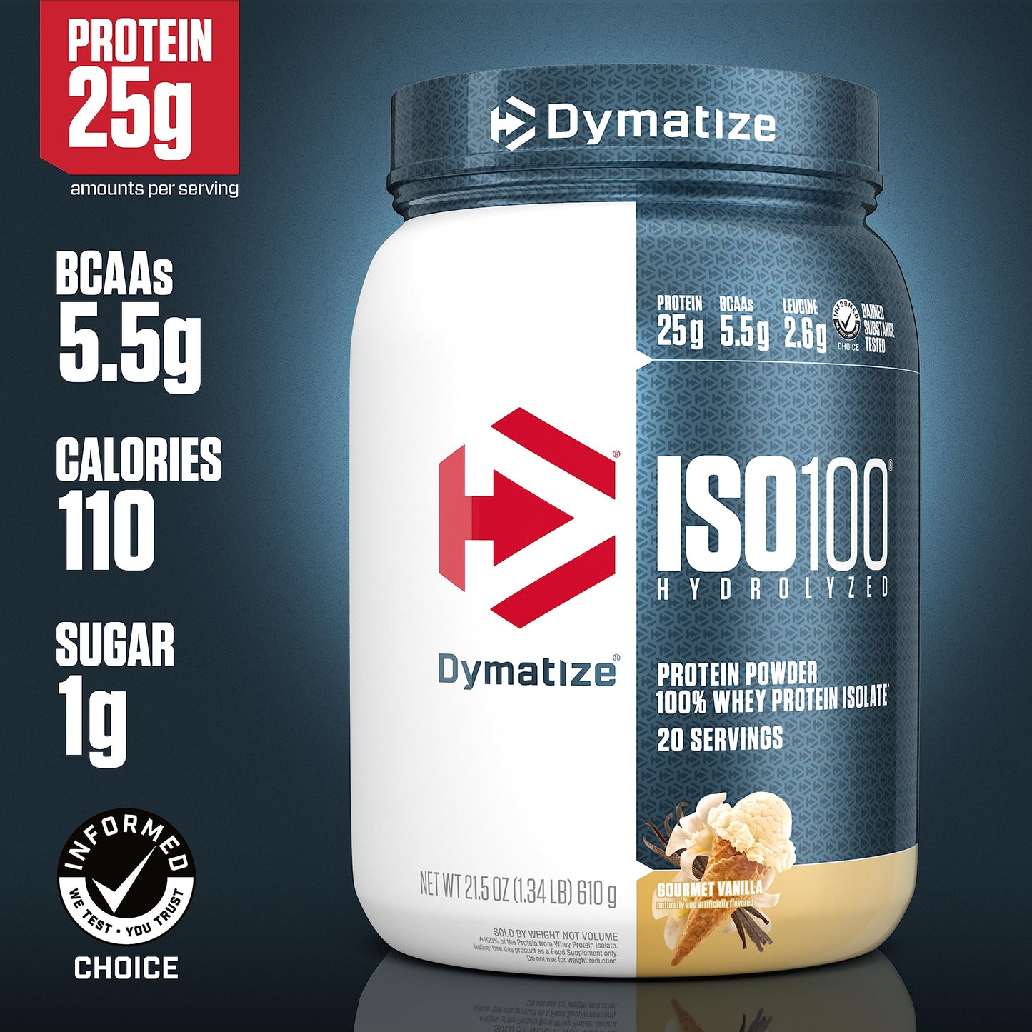 Dymatize ISO100 Hydrolyzed Protein Powder, 100% Whey Isolate , 25g of Protein, 5.5g BCAAs, Gluten Free, Fast Absorbing, Easy Digesting, Gourmet Vanilla, 20 Servings