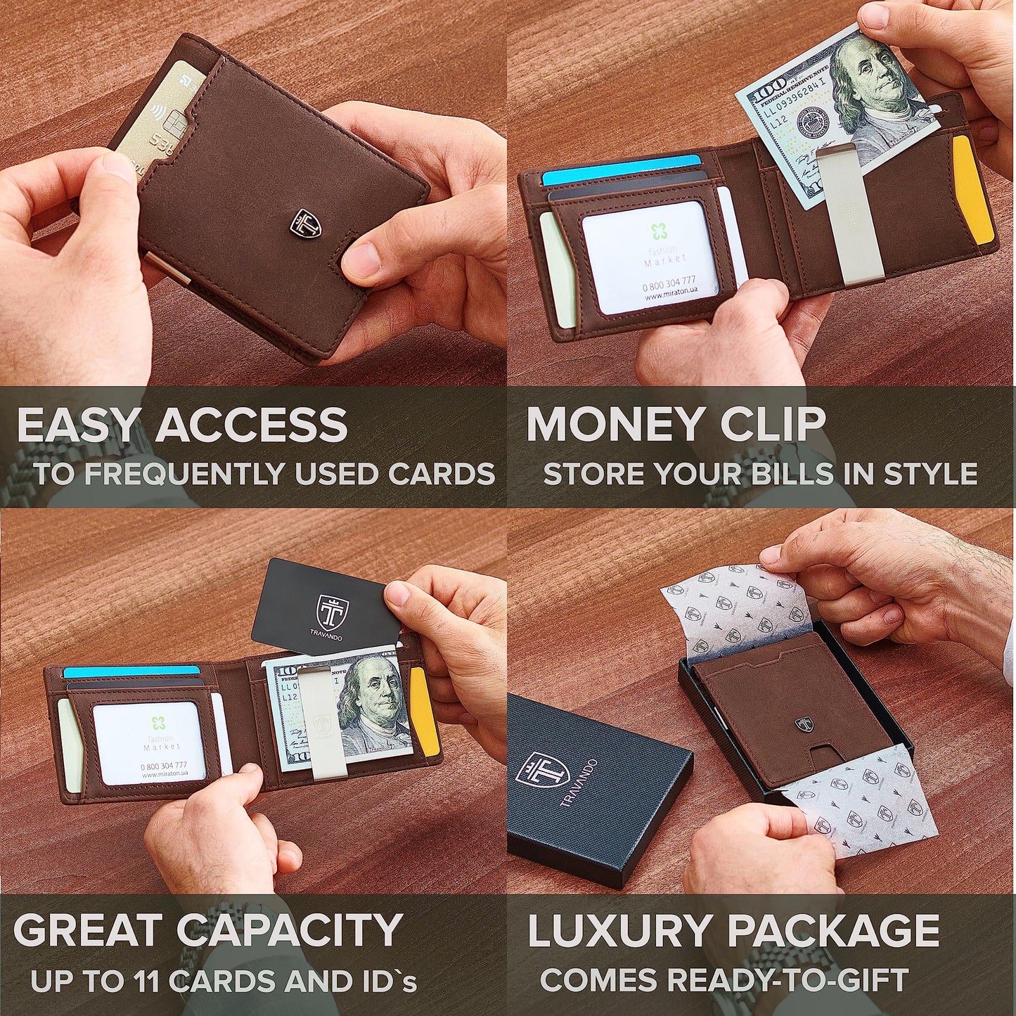 TRAVANDO Mens Slim Wallet with Money Clip AUSTIN RFID Blocking Bifold Credit Card Holder for Men with Gift Box (Vintage Brown)