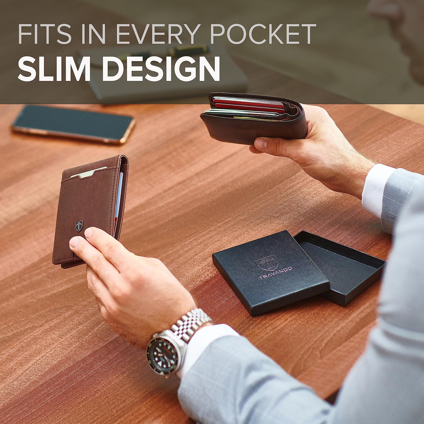 TRAVANDO Mens Slim Wallet with Money Clip AUSTIN RFID Blocking Bifold Credit Card Holder for Men with Gift Box (Vintage Brown)