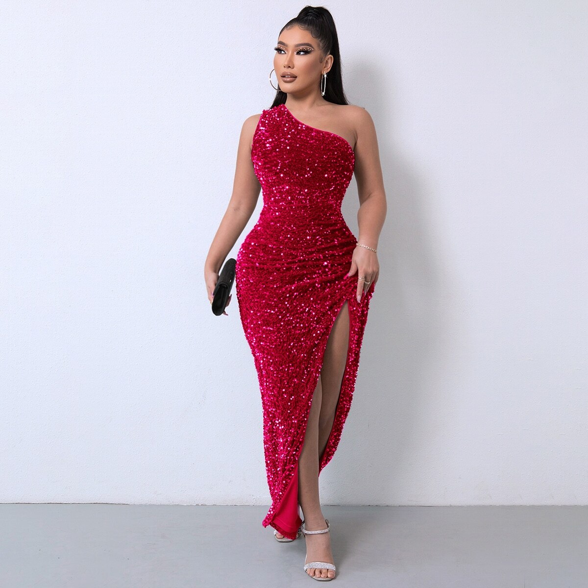 Tobinoone One Shoulder Wrap Split Thigh Sequin Formal Dress