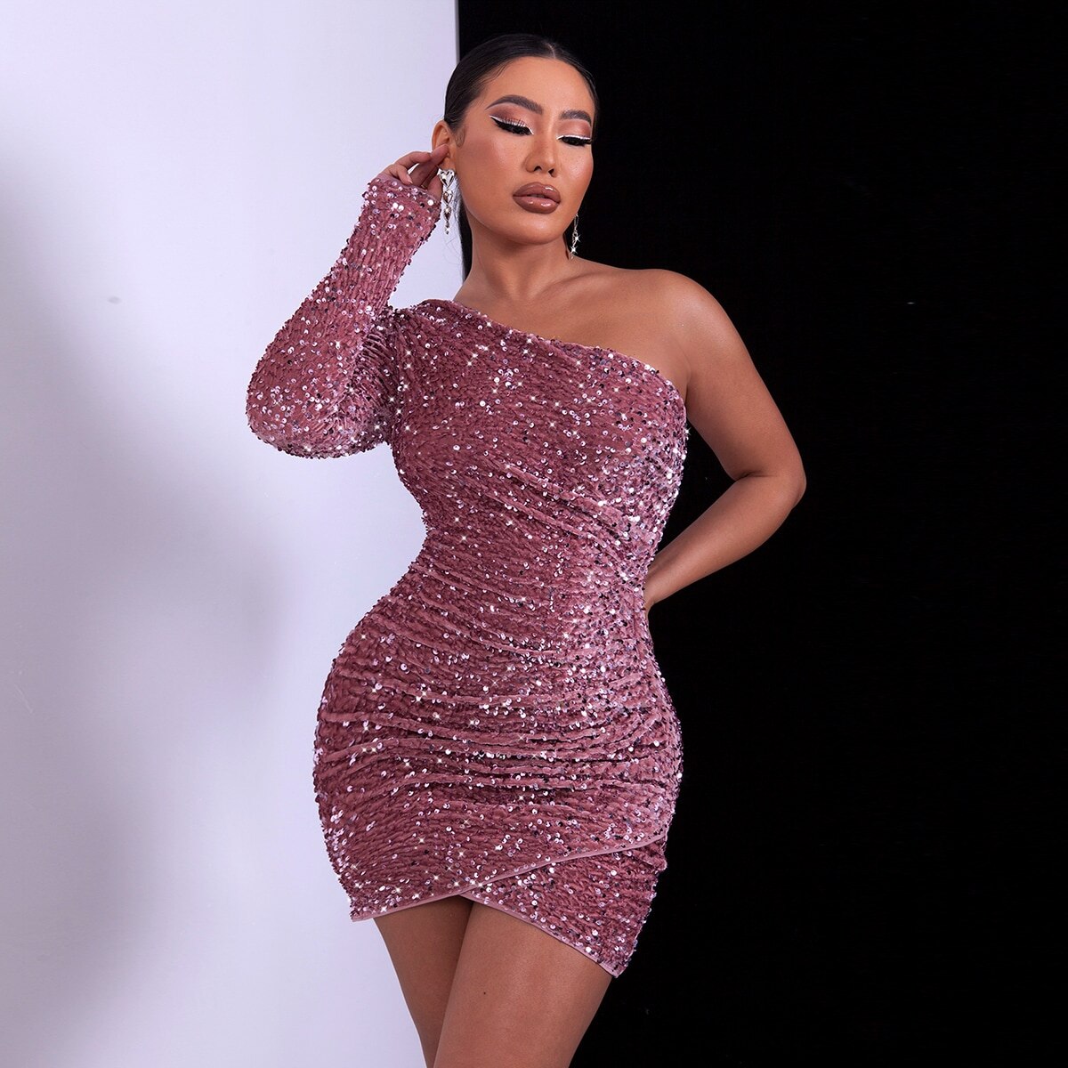 Tobinoone One Shoulder Wrap Split Thigh Sequin Formal Dress
